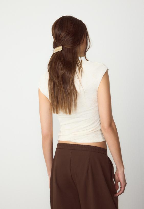 Stradivarius Flocked Qipao Style T-Shirt Ecru S