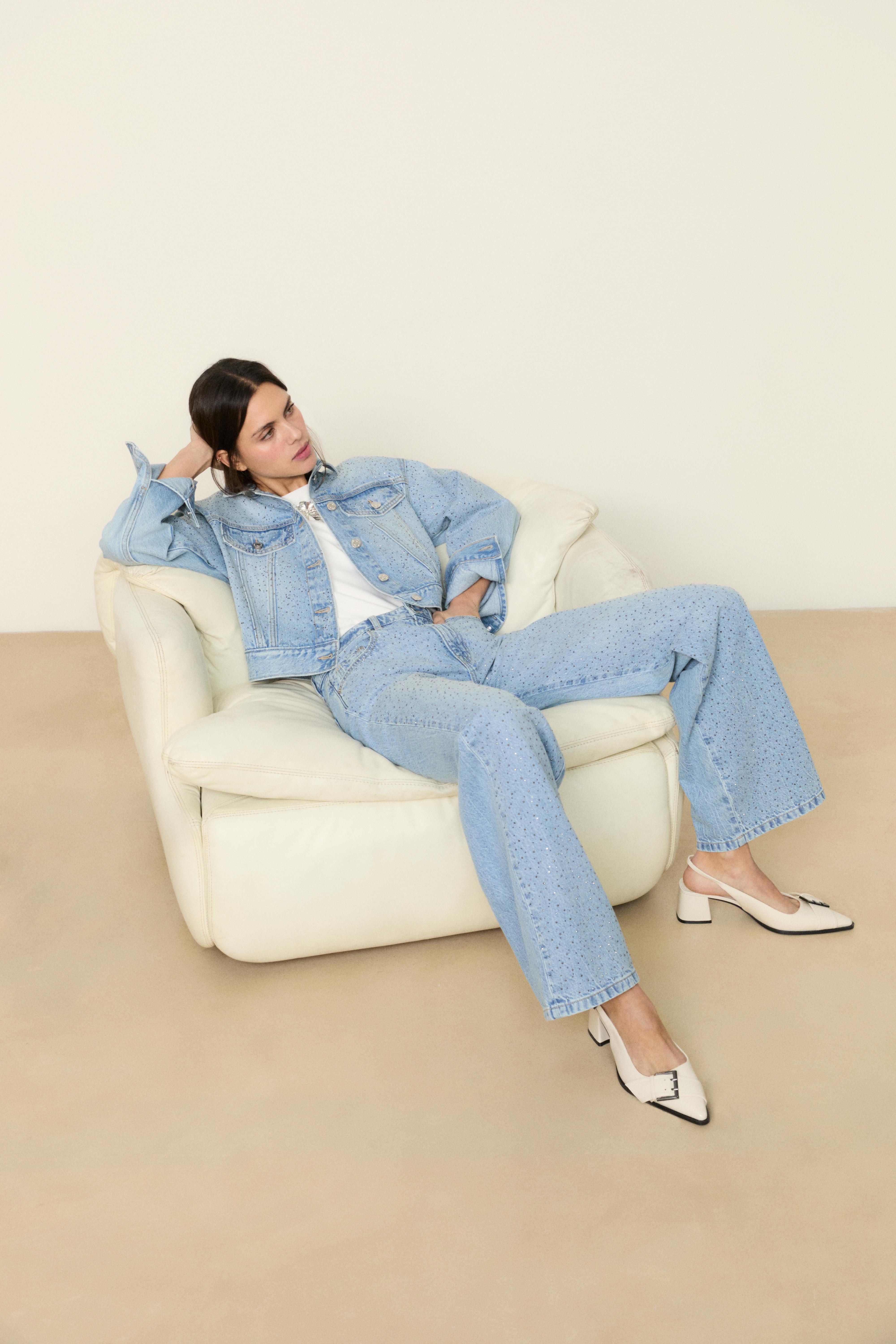Straight-leg jeans with rhinestones — MEDIUM BLUE DENIM
