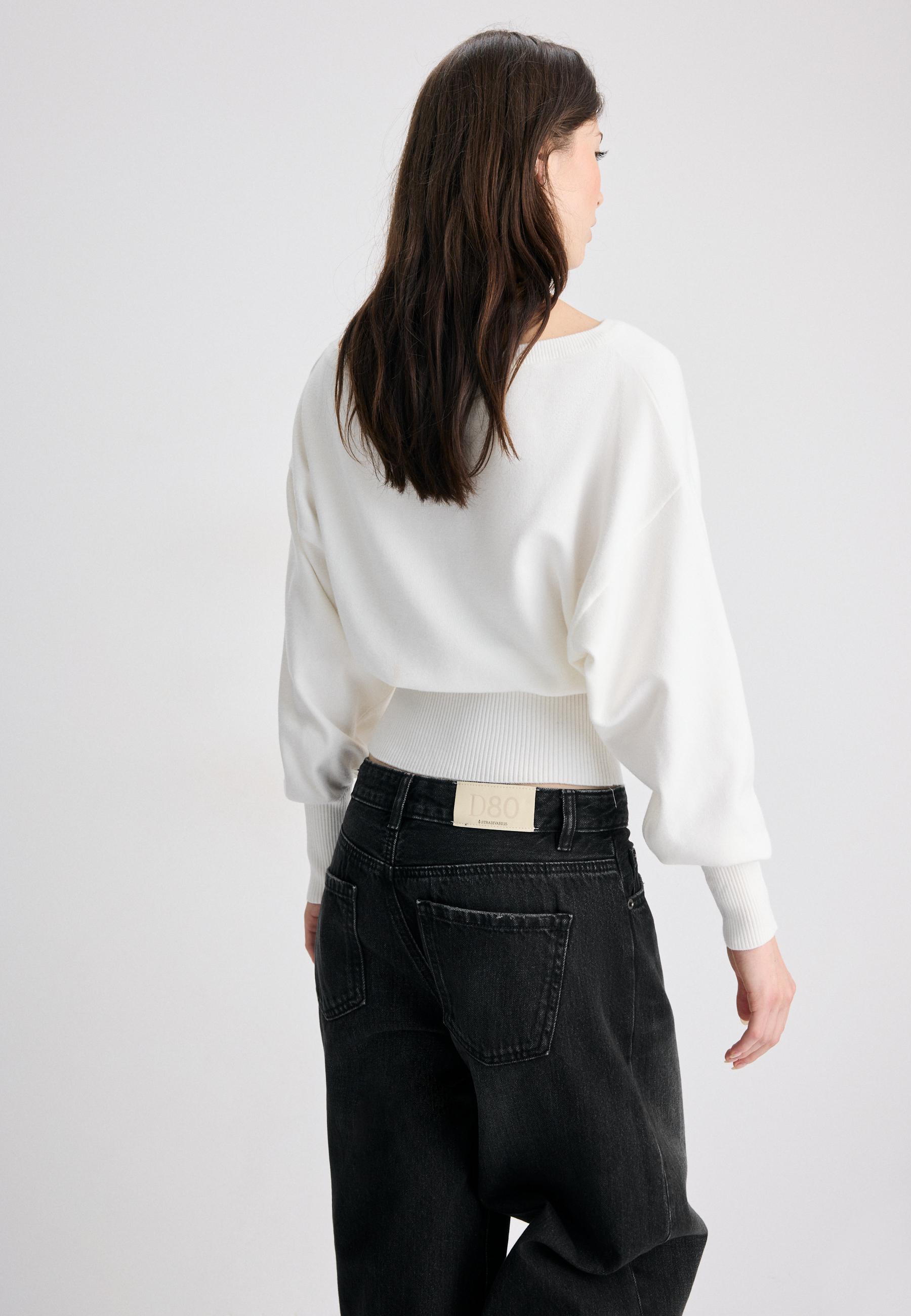 Asymmetric ribbed hem knit jumper — Ecru