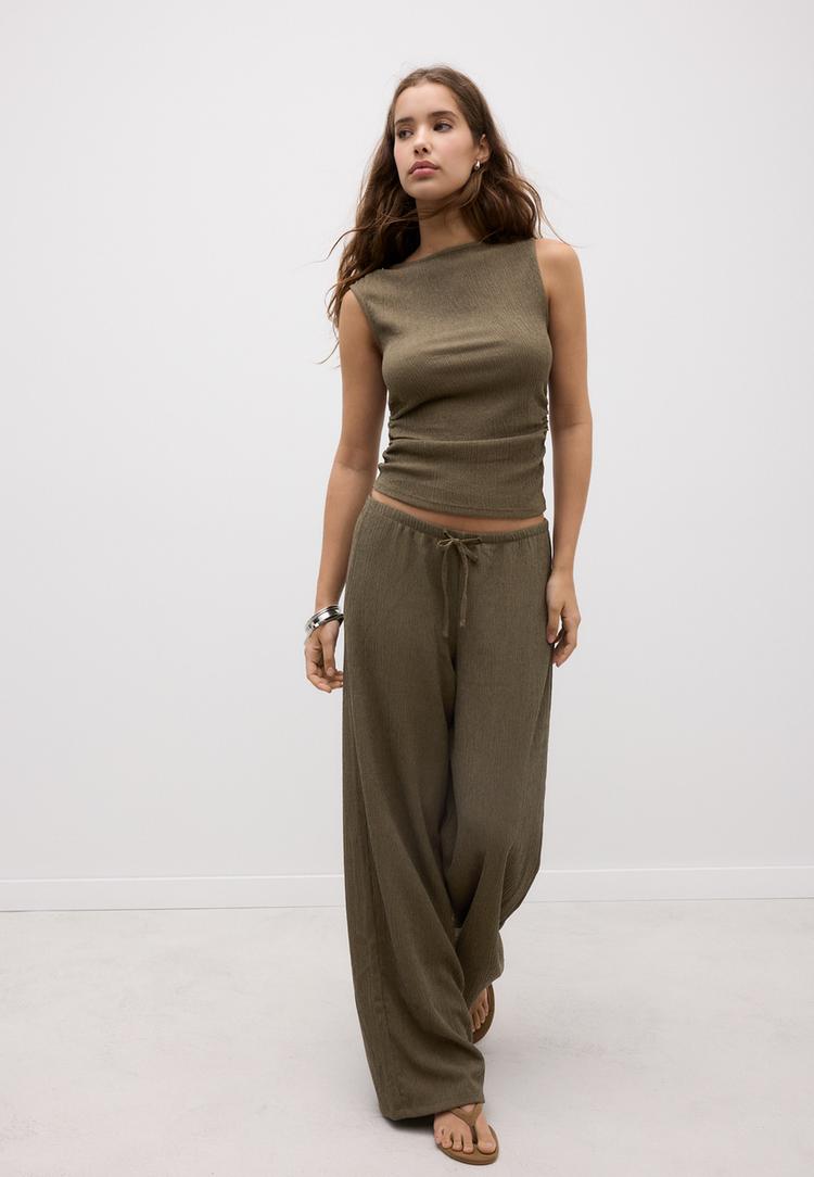 Stradivarius Pantaloni Drepți Cu Efect Încrețit Kaki Xl