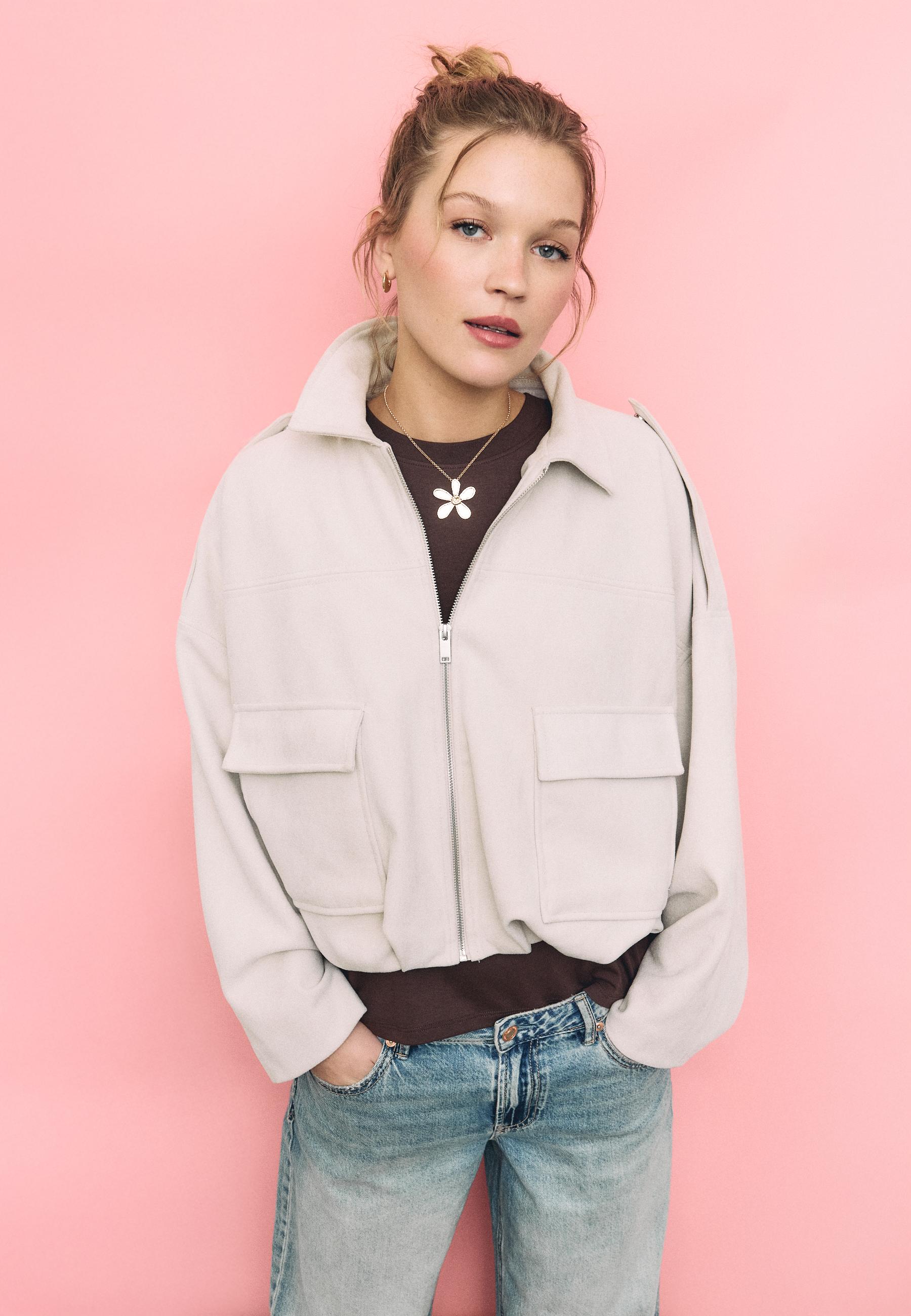 Faux suede bomber jacket — Ecru