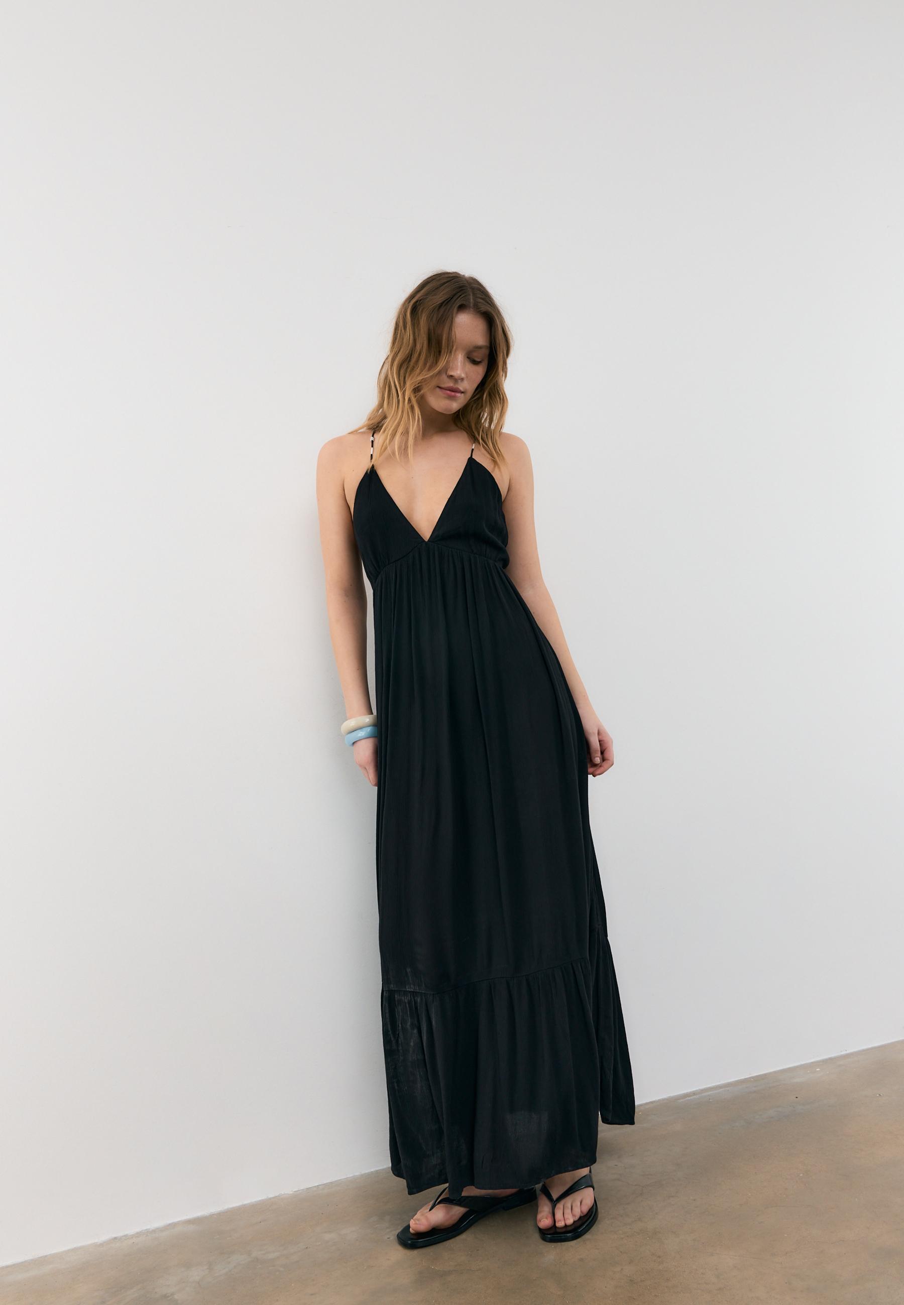 Boncuklu askılı uzun elbise