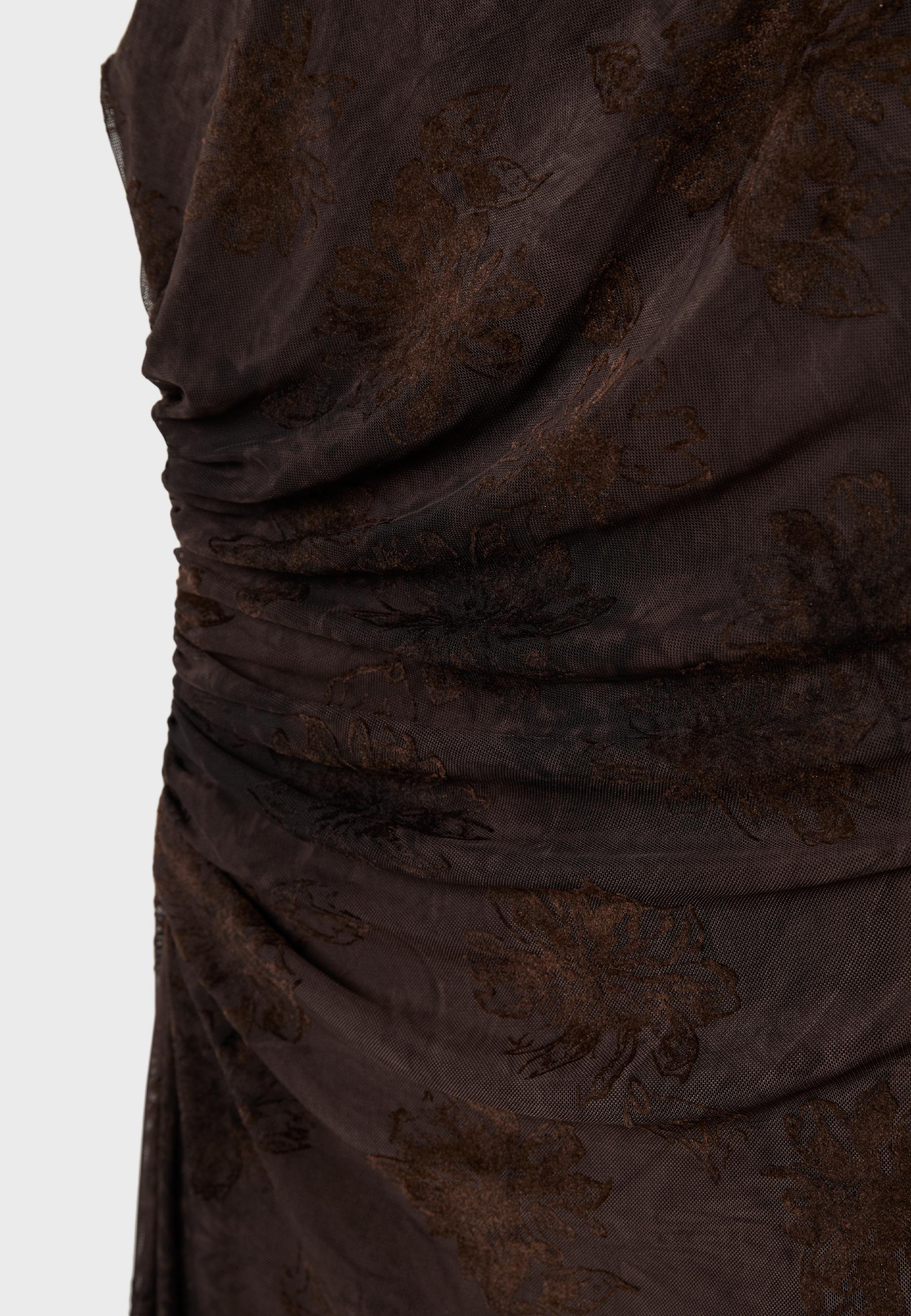 Tulle midi dress with square neckline — Brown