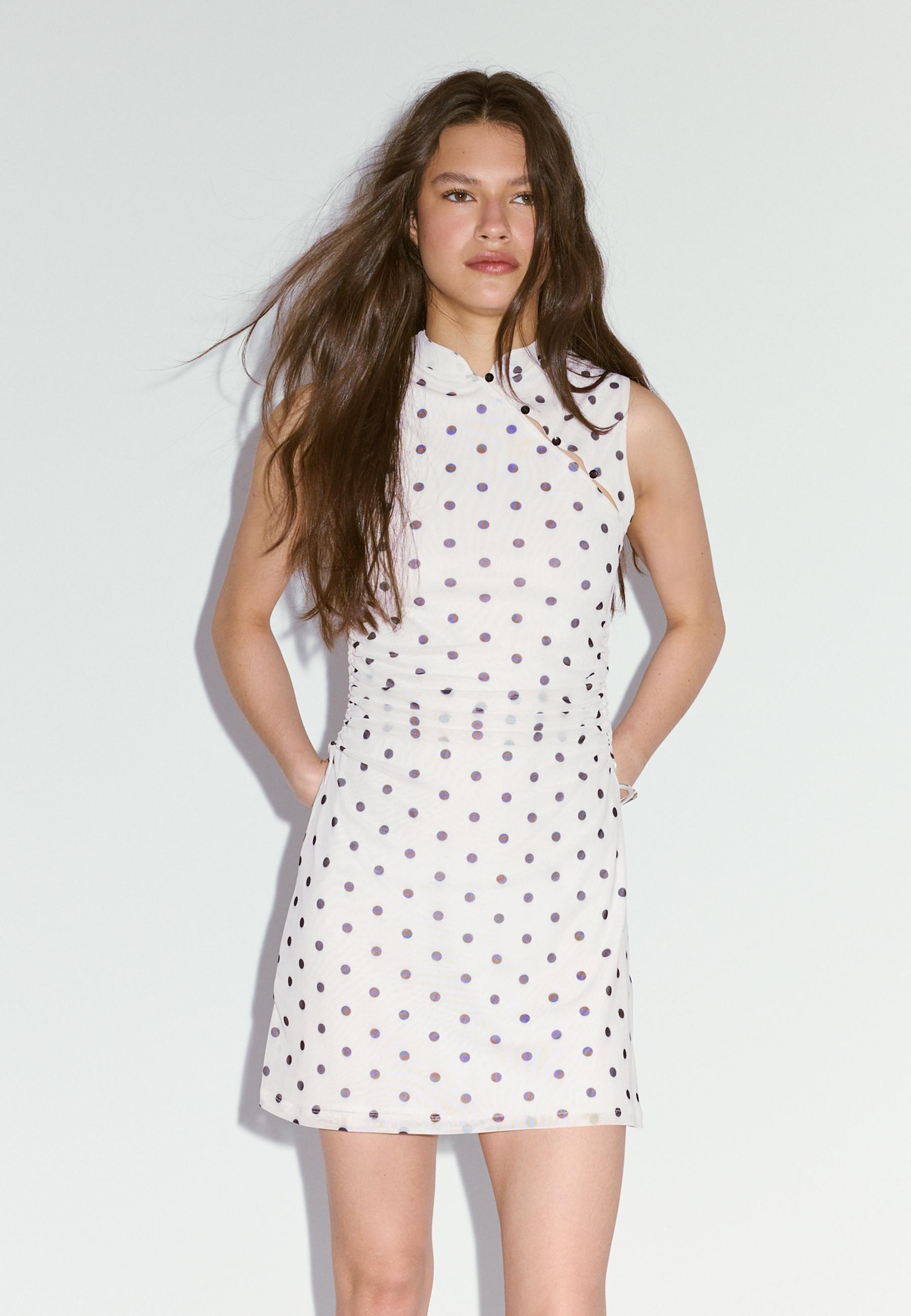 Polka dot short qipao dress — Ecru