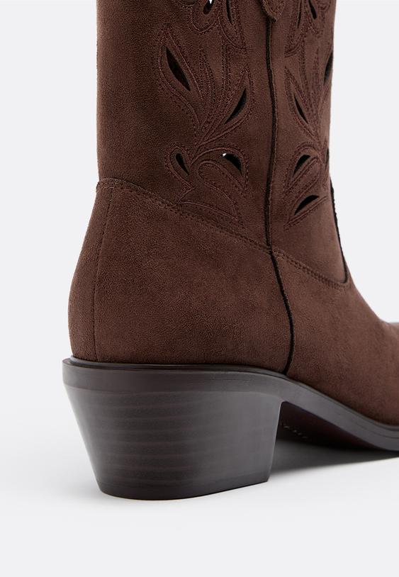 Stradivarius Perforated Cowboy Leather Effect Ankle Boots Brown 5