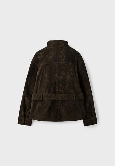 100% leather high neck trench coat with belt — Green 9