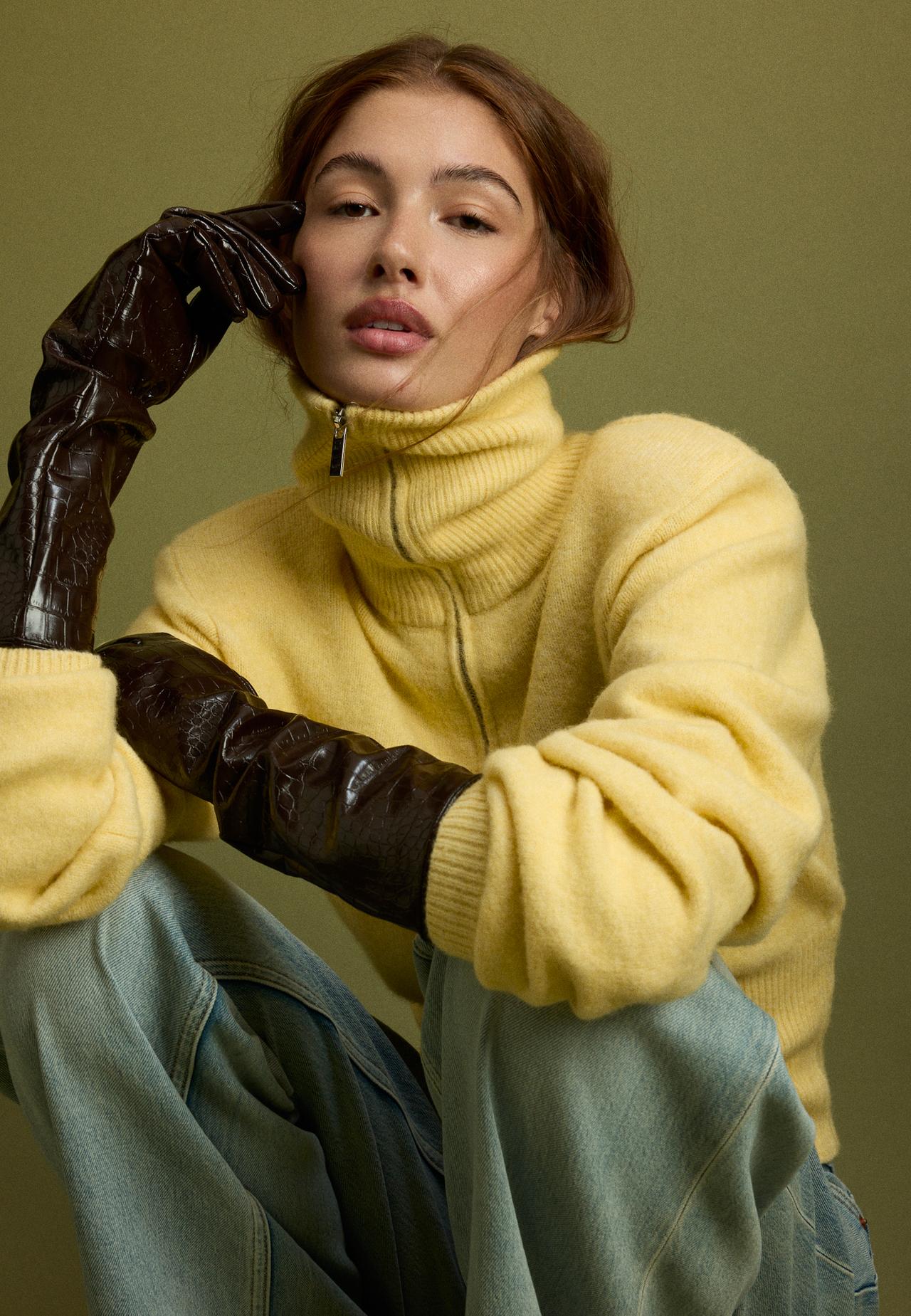 Long leather effect gloves — Brown
