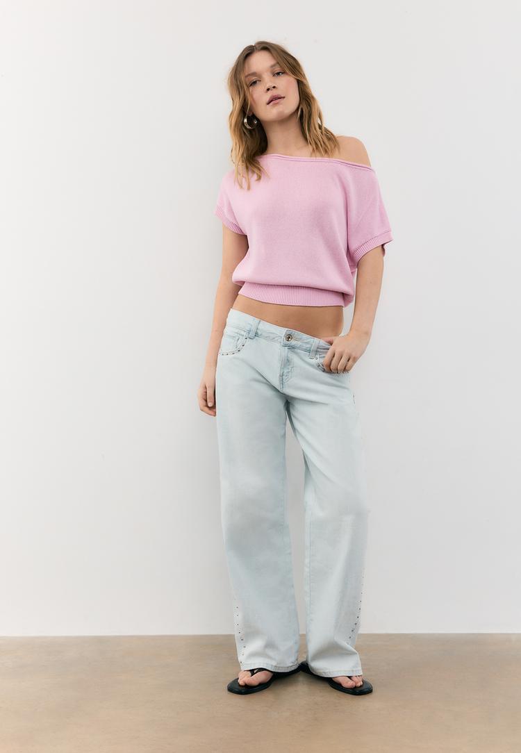 Stradivarius Rustikální Úpletový Top S Lodičkovým Výstřihem Pastel Pink Xs