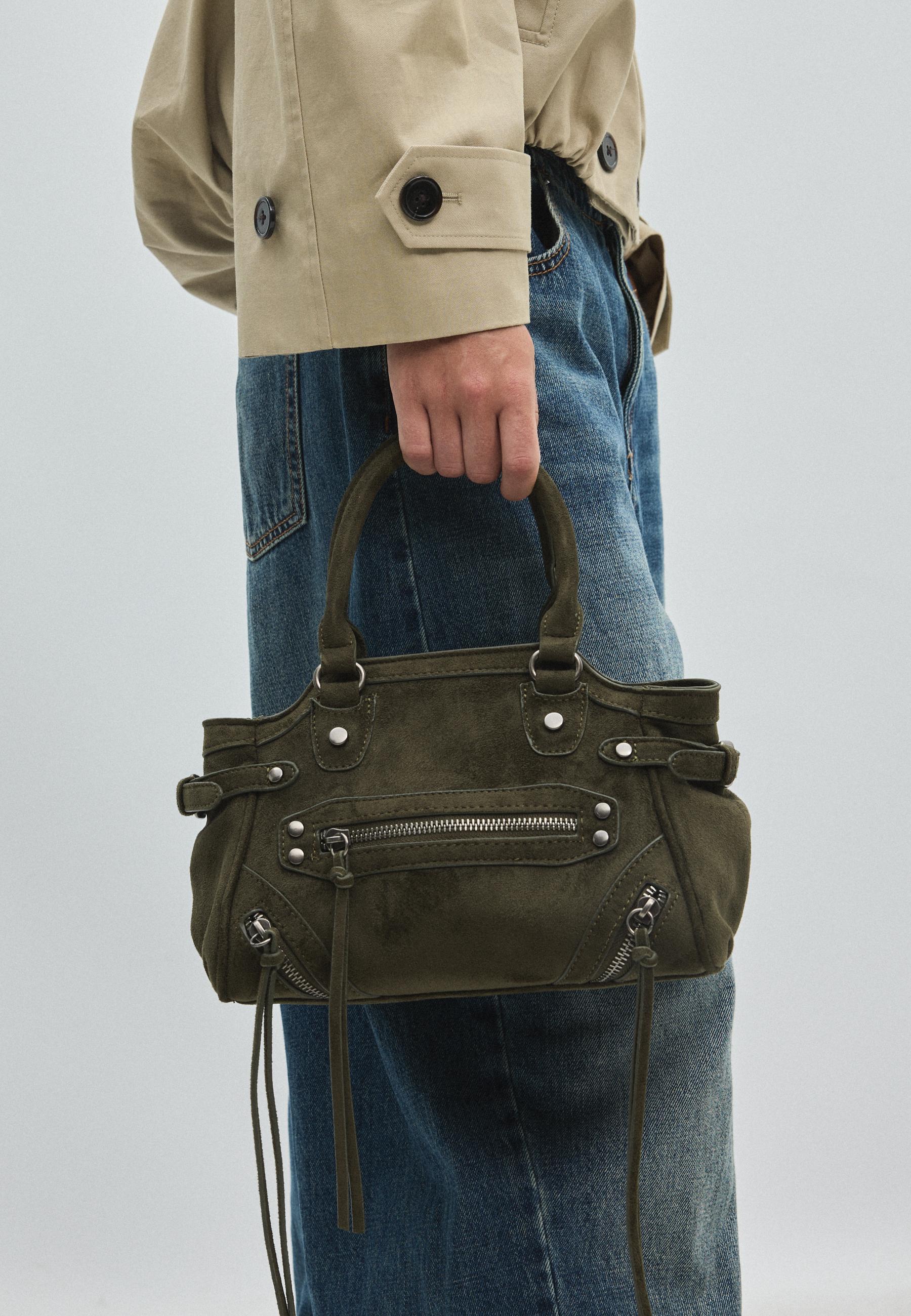 Studded city bag with zip pullers — Khaki