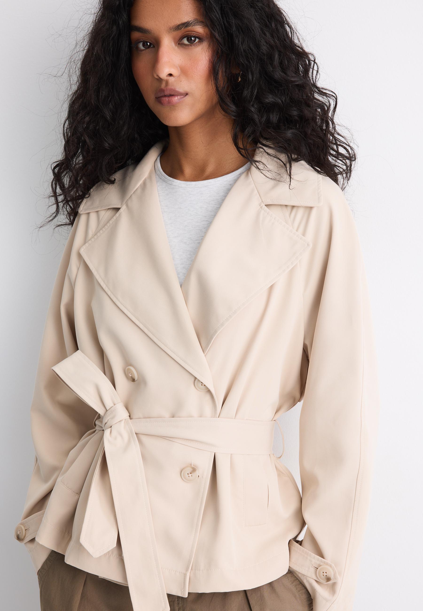 Short flowing trench coat with belt — Stone