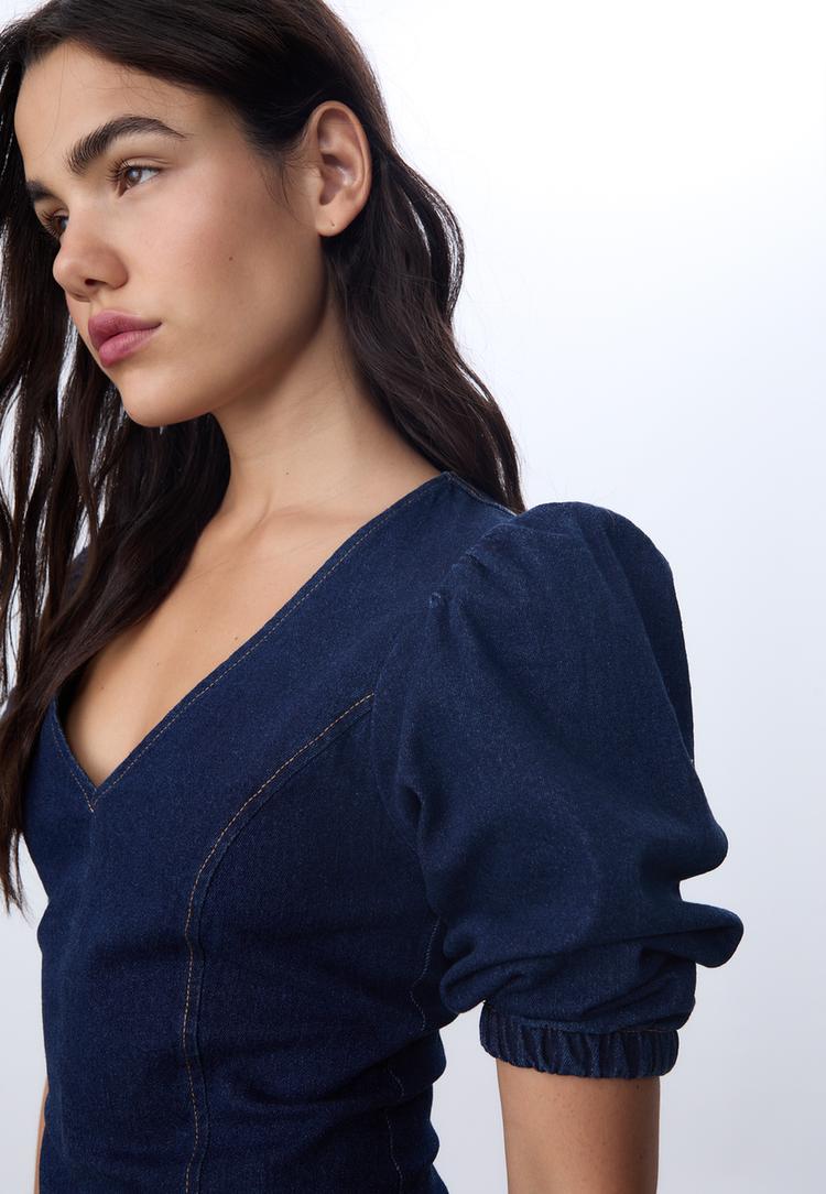 vestido corto denim manga abullonada