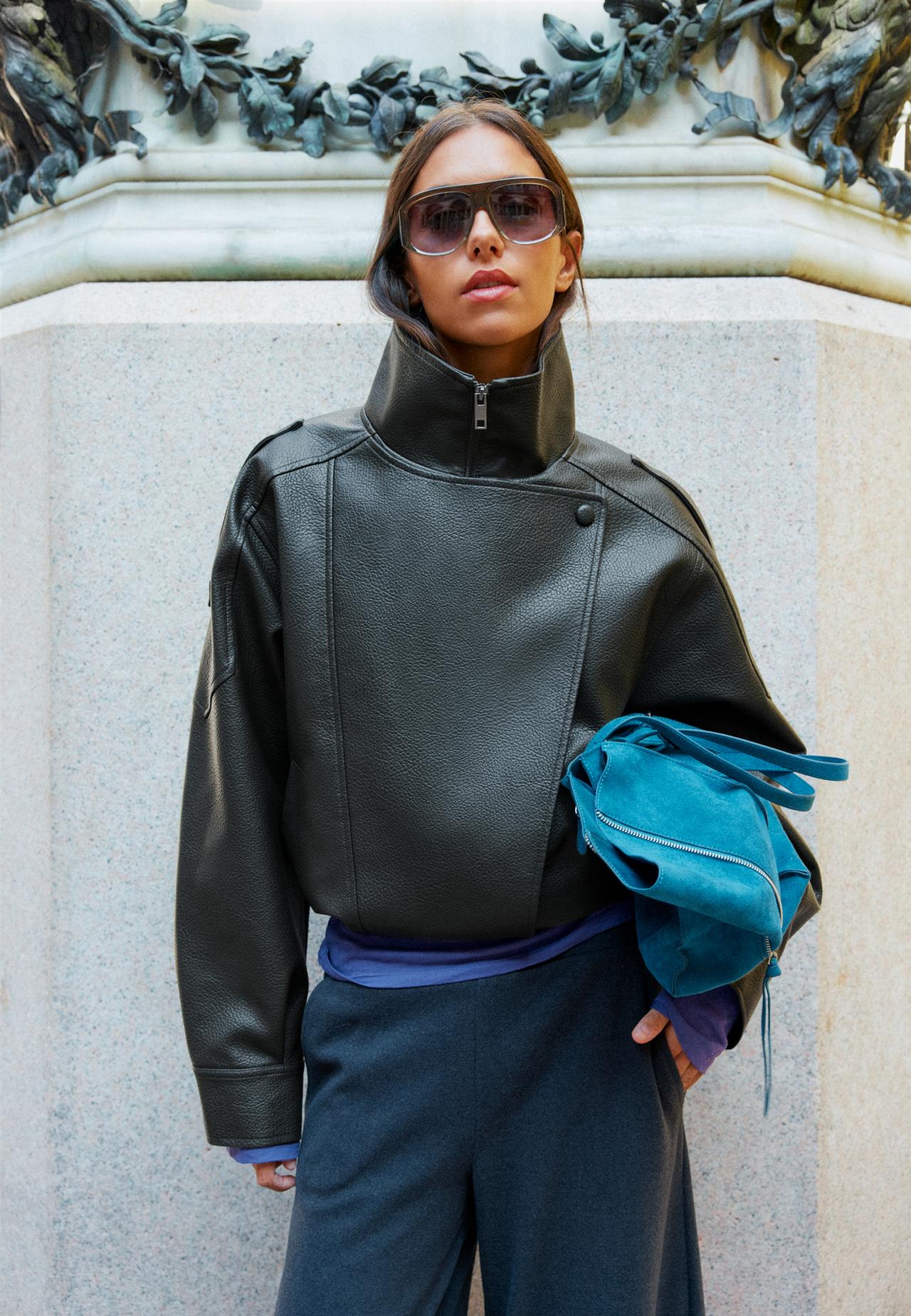 Oversize leather effect biker jacket — Khaki