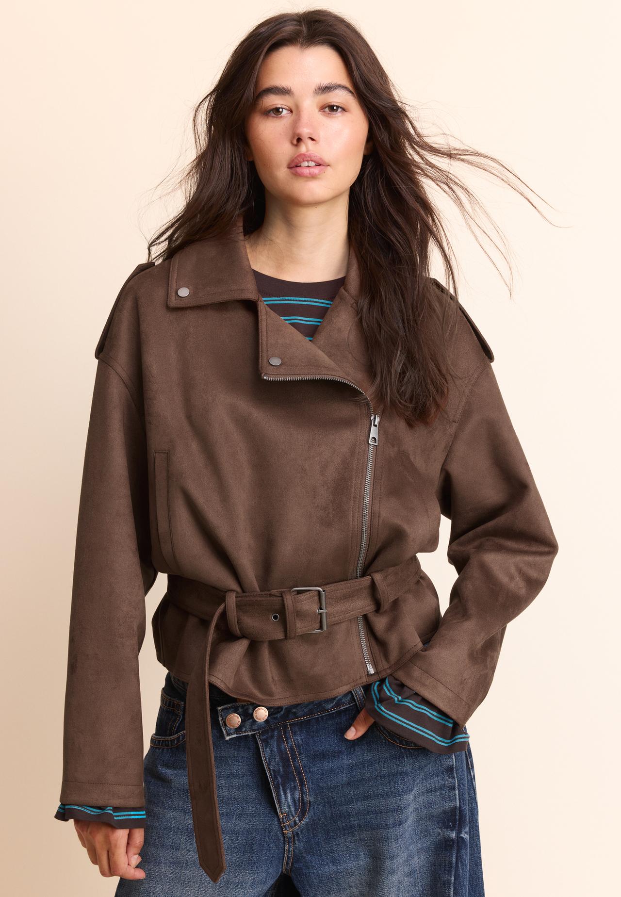 Biker jacket with belt — Brown