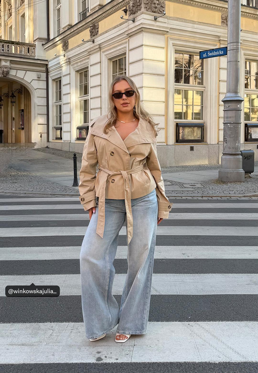 High-neck trench coat with belt — Beige