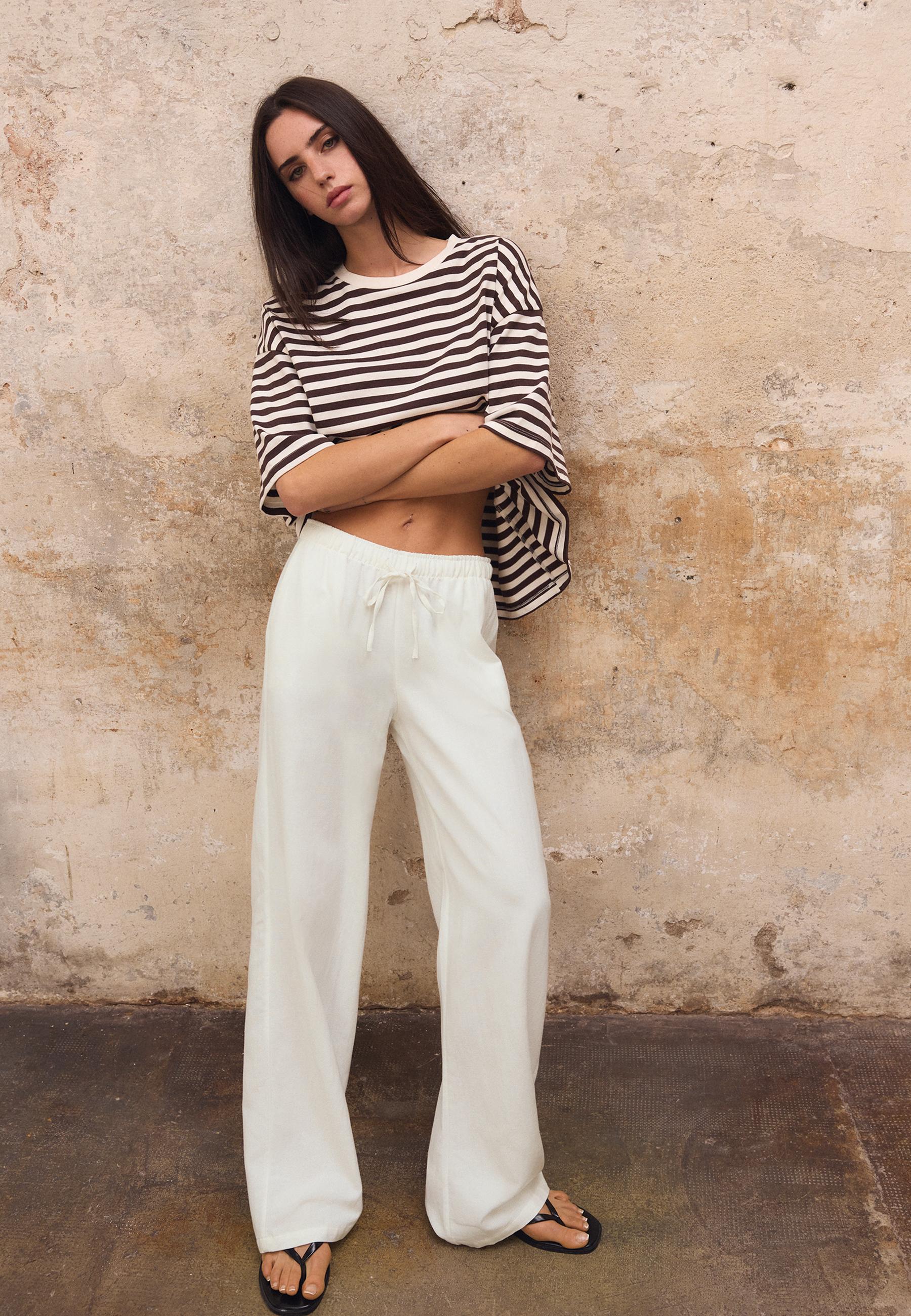 Linen-effect drawstring trousers — White