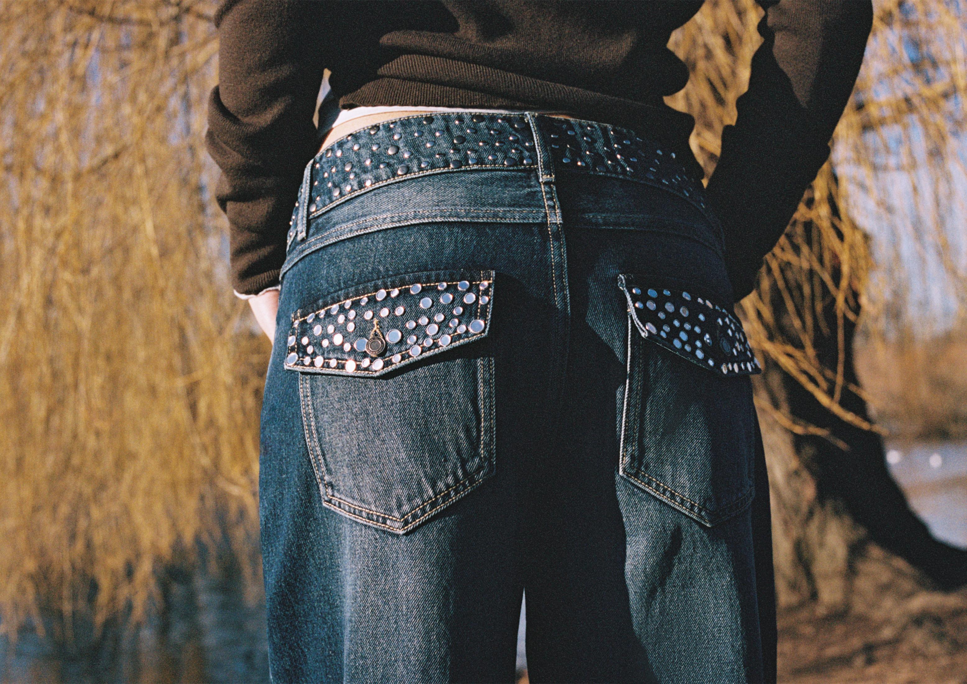 Straight jeans with studded waistband — BLACK DENIM WASHED EFFECT