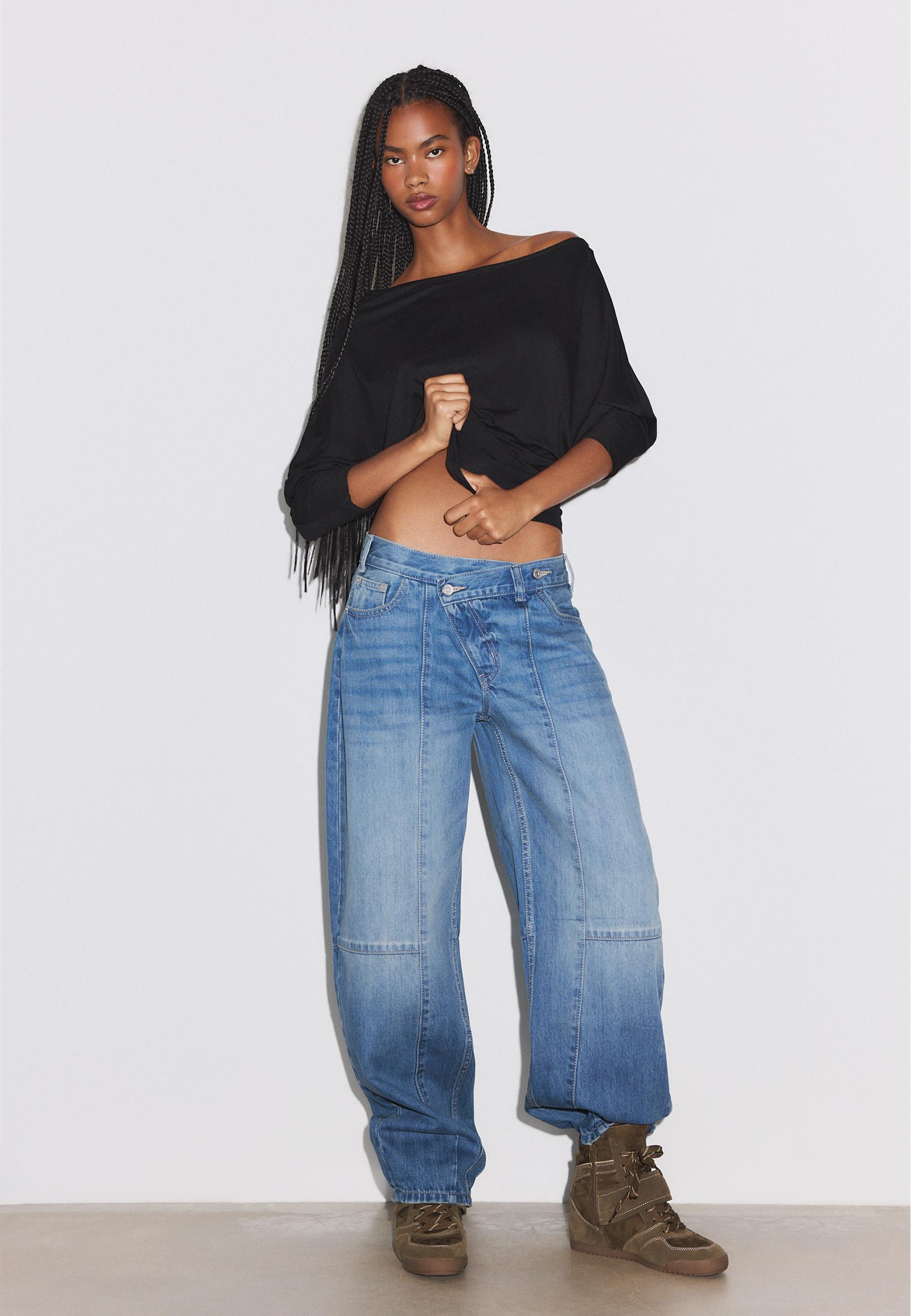 Stradivarius Kruvaze bel barrel jean görsel 5
