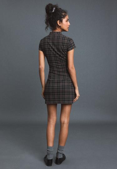 Short check dress with stand collar — Black 5