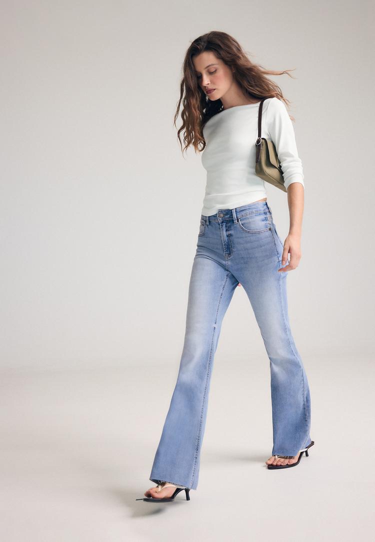 D74 stretch bell bottom jeans with slit — MEDIUM LIGHT BLUE DENIM