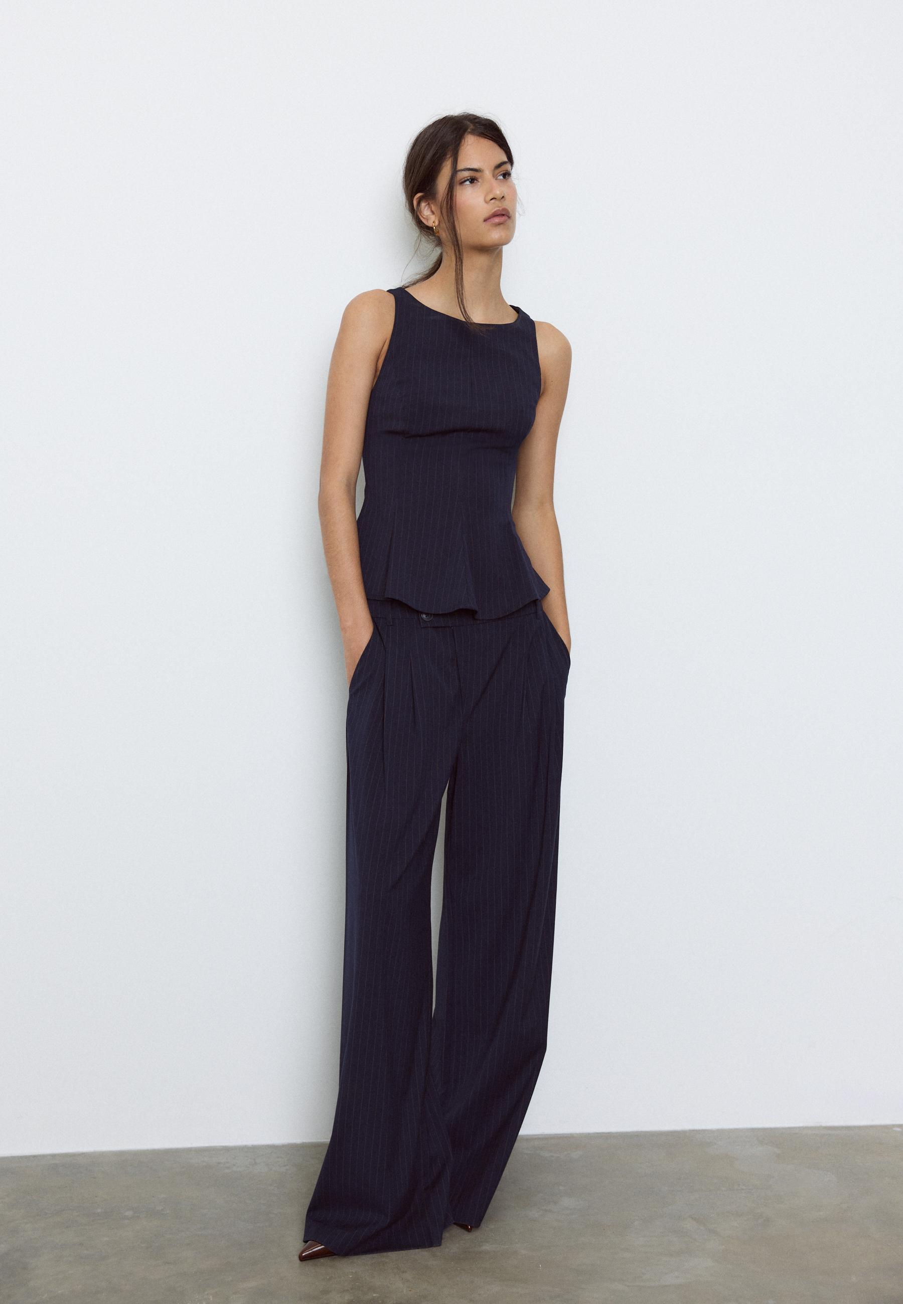 Casual striped smart trousers with crossover waist — Navy blue