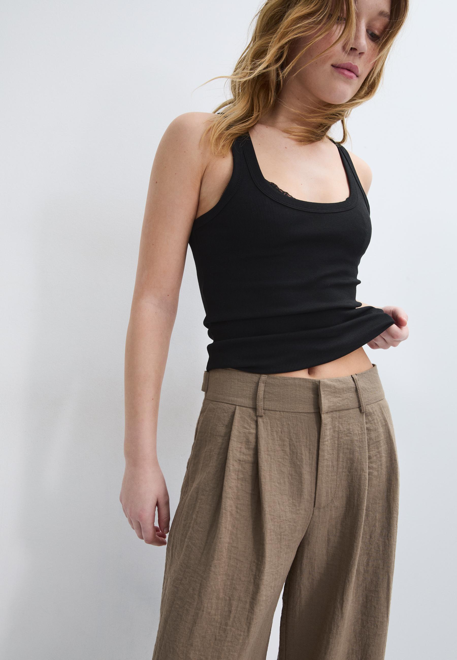 Ayarlanabilir keten görünümlü wide paça pantolon