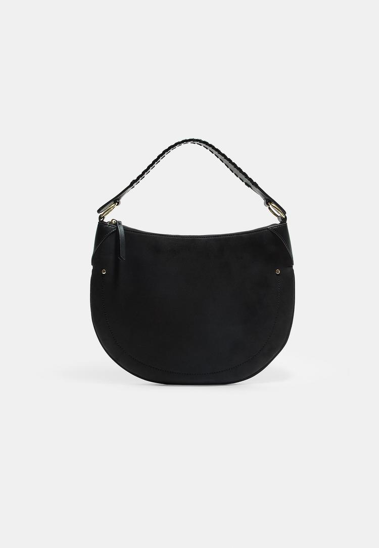 contrast faux suede bag with braided strap