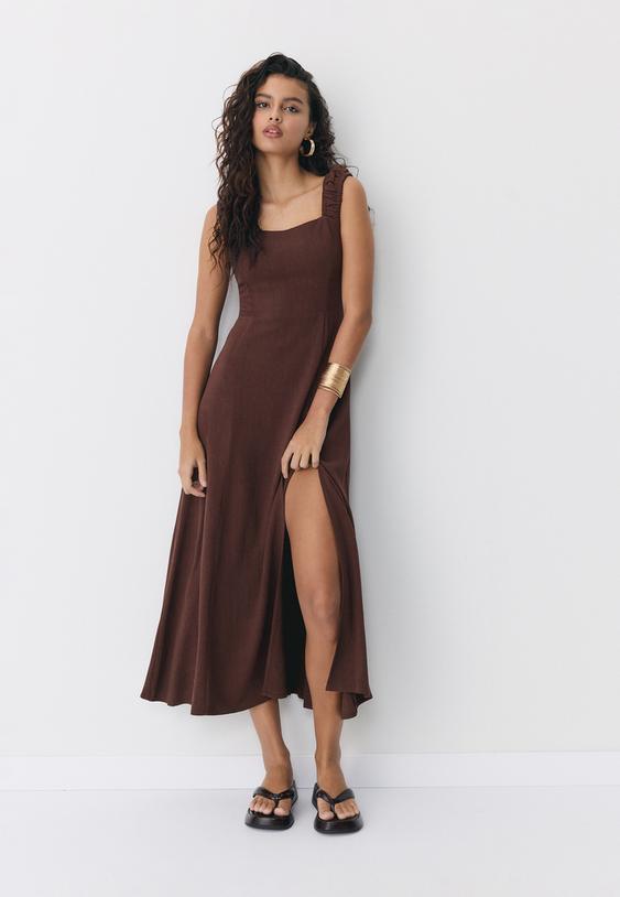 Keten görünümlü çapraz sırtlı midi elbise - Görsel 2