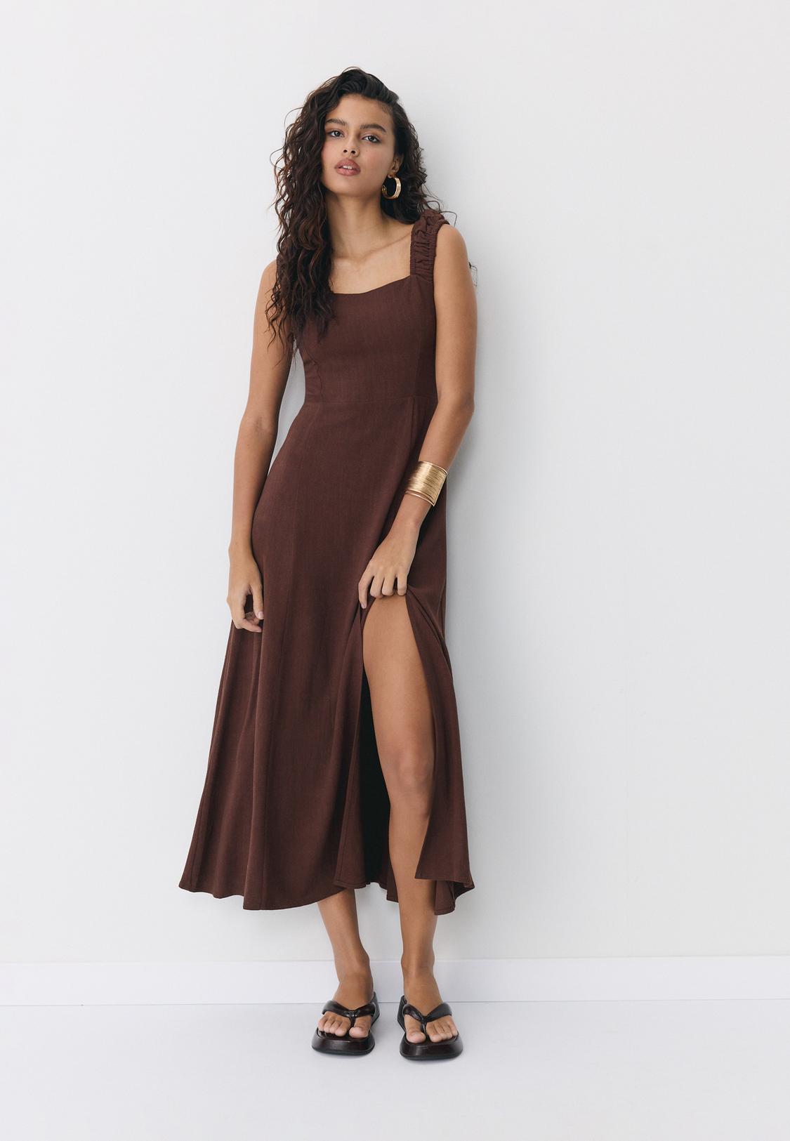 Linen-look cross-back midi dress - Women's Linen-blend | Stradivarius Indonesia Linen-look cross-back midi dress - Women's Linen-blend | Stradivarius Indonesia