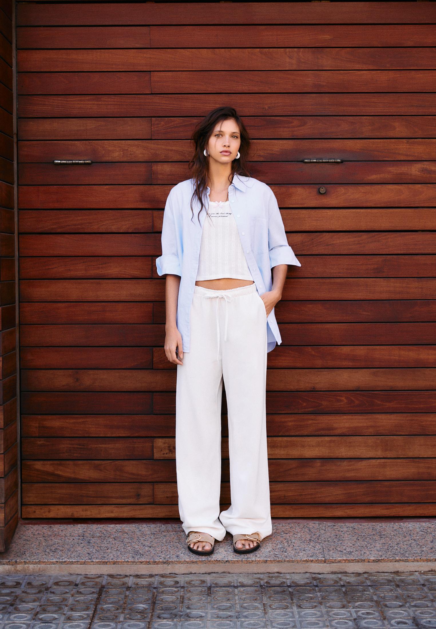 Straight-leg linen-look trousers — Ecru
