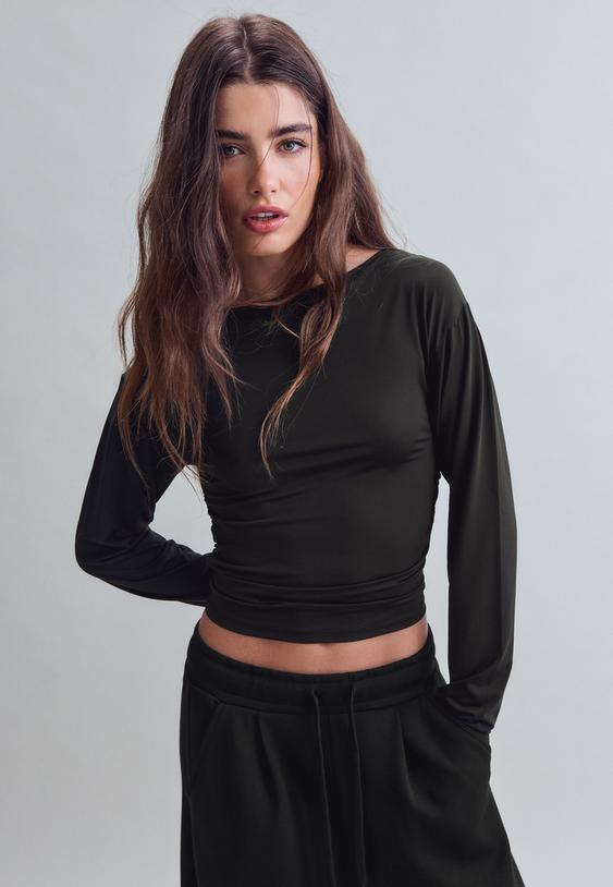 Stradivarius Ruched Long Sleeve Polyamide T-Shirt Black Xs