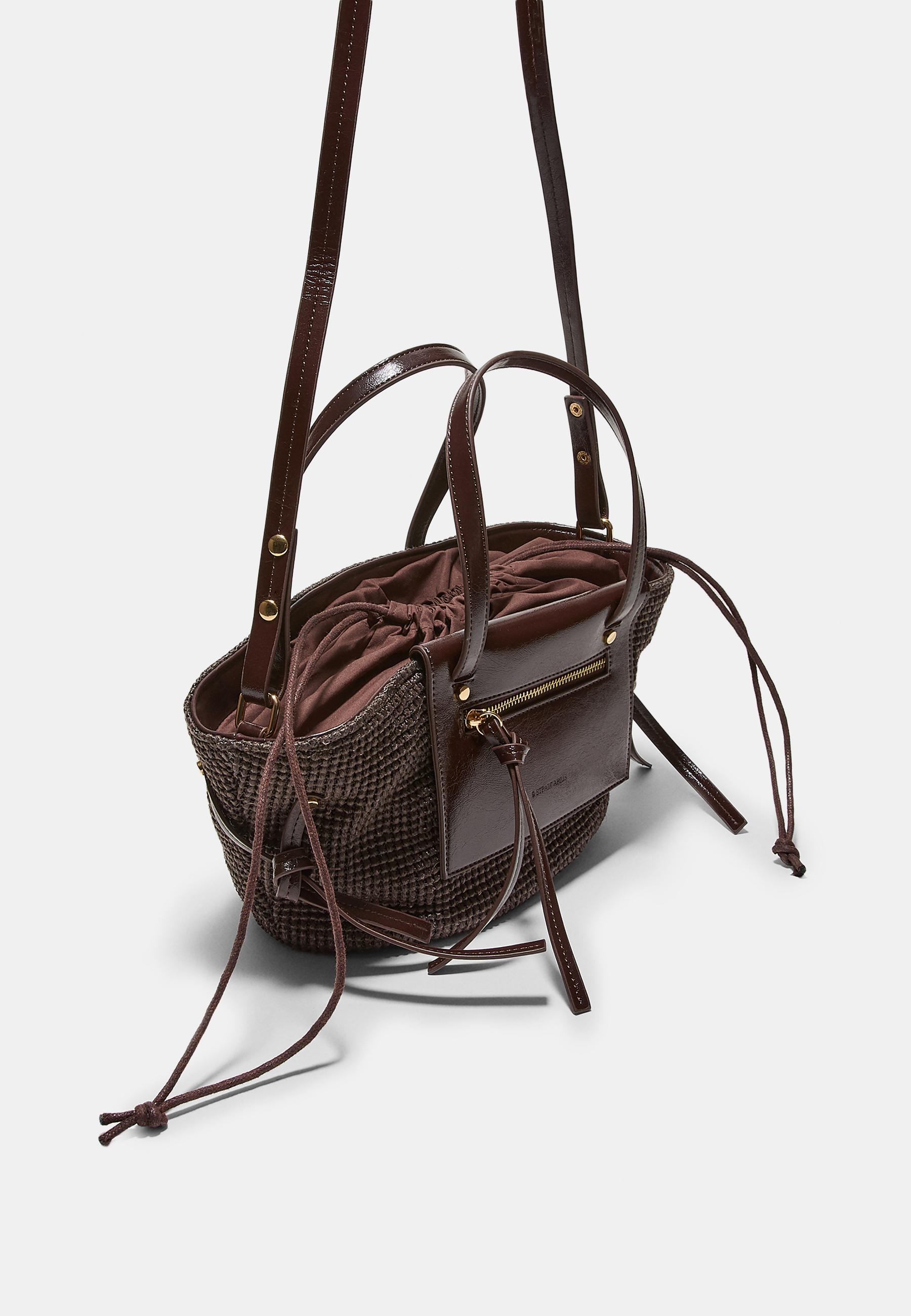 Crochet-effect basket crossbody bag — Brown