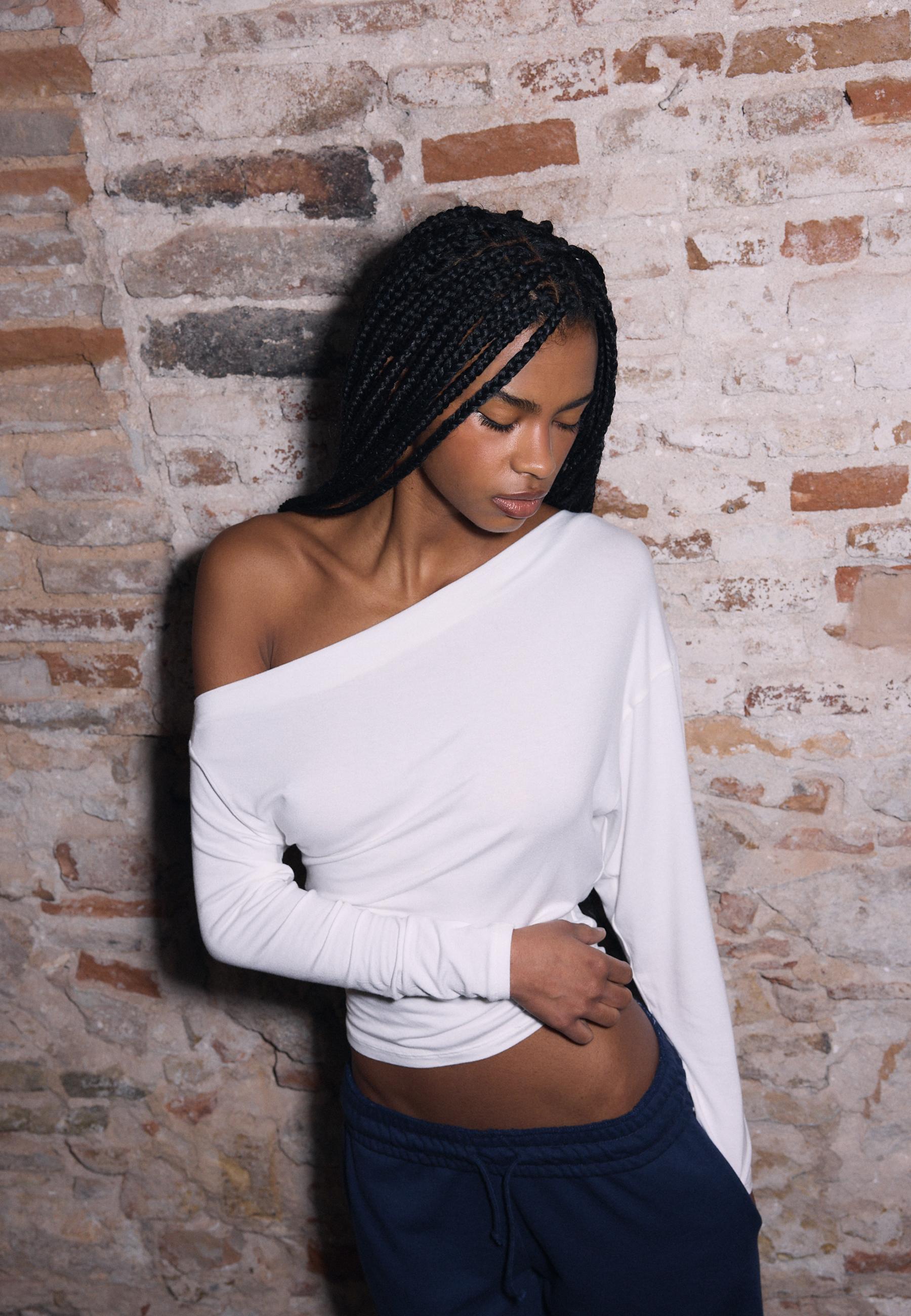 Asymmetrical neckline top — Ecru