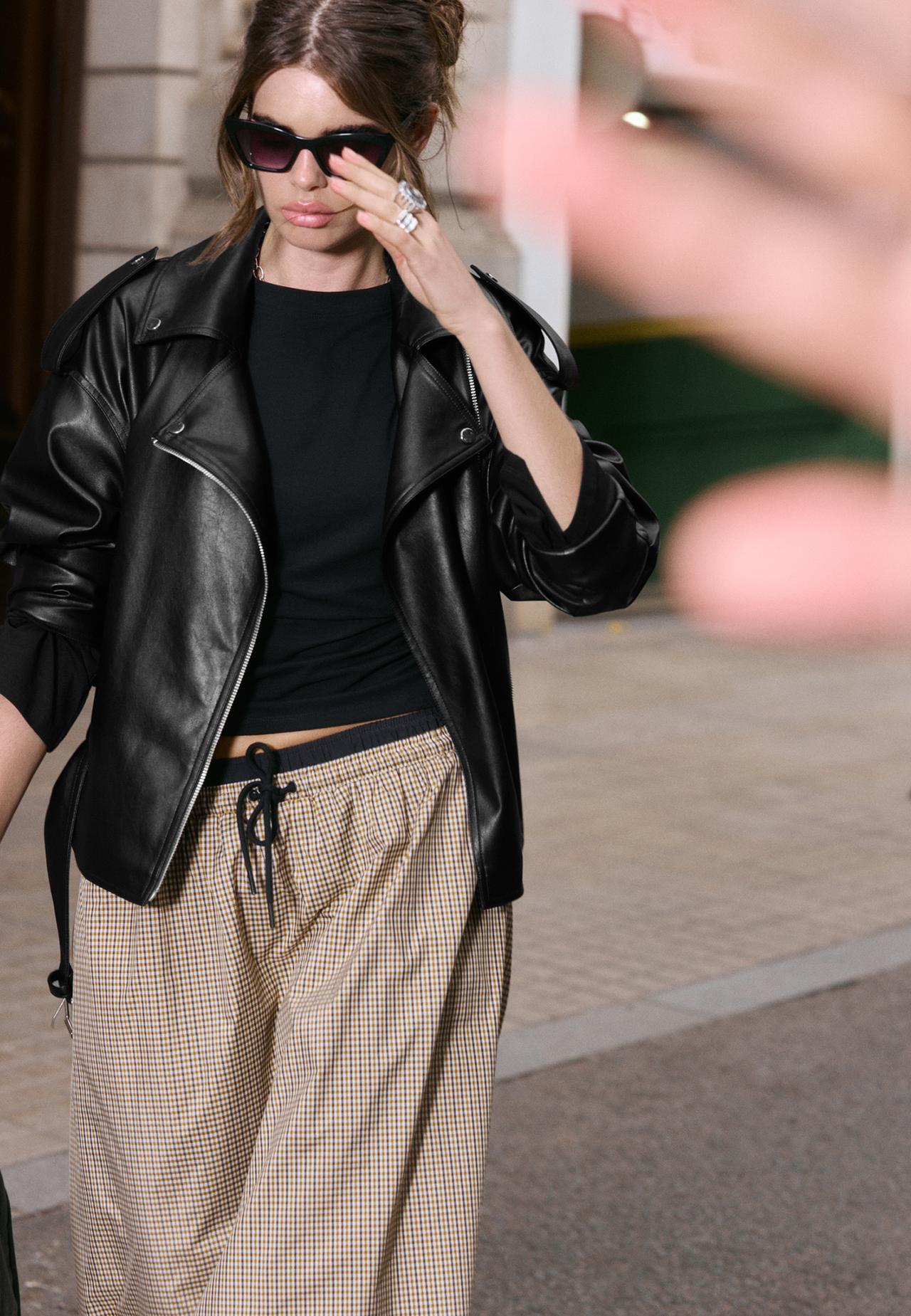 Leather effect biker jacket with belt — Black
