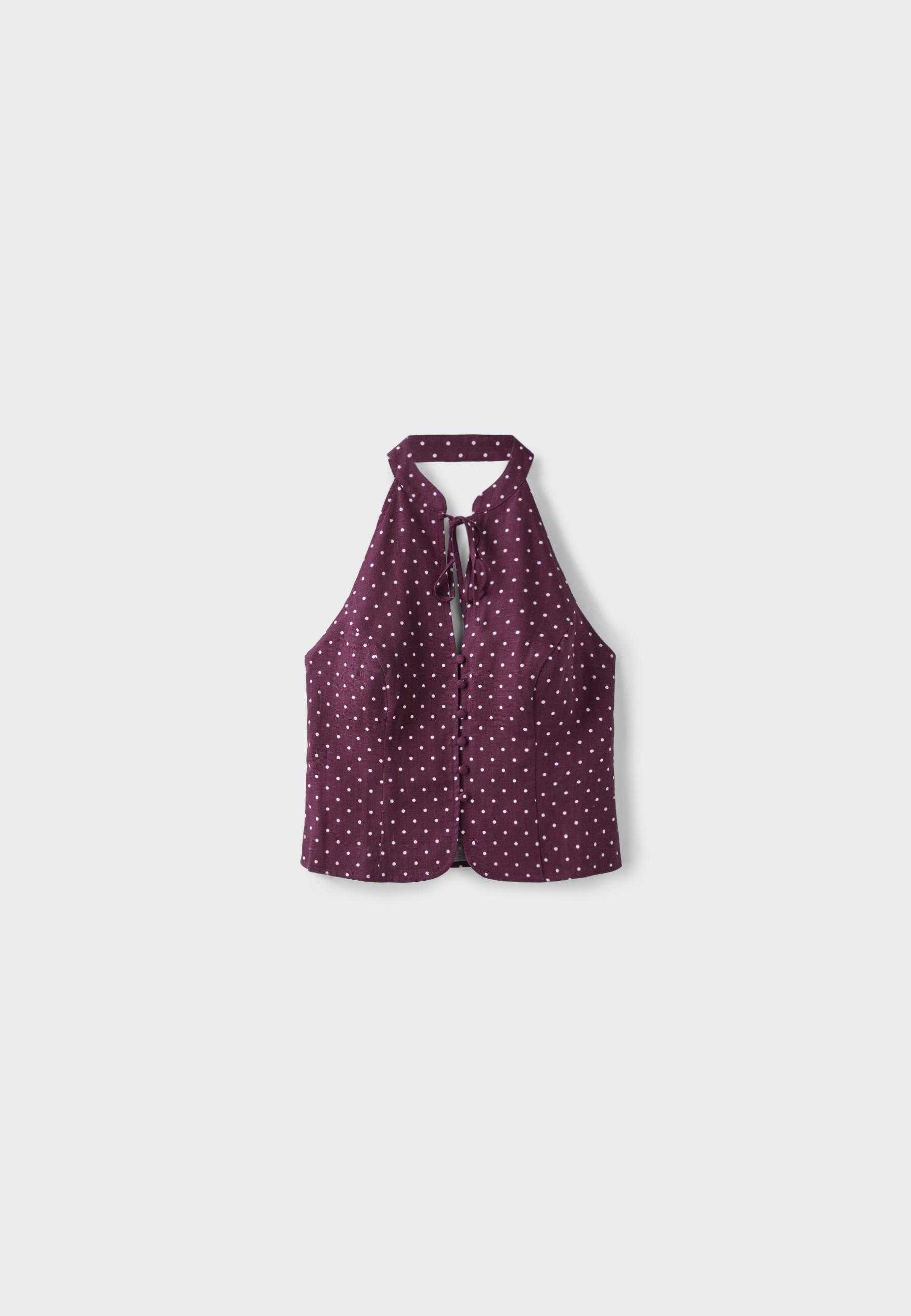 Polka dot print fitted halter top — Purple