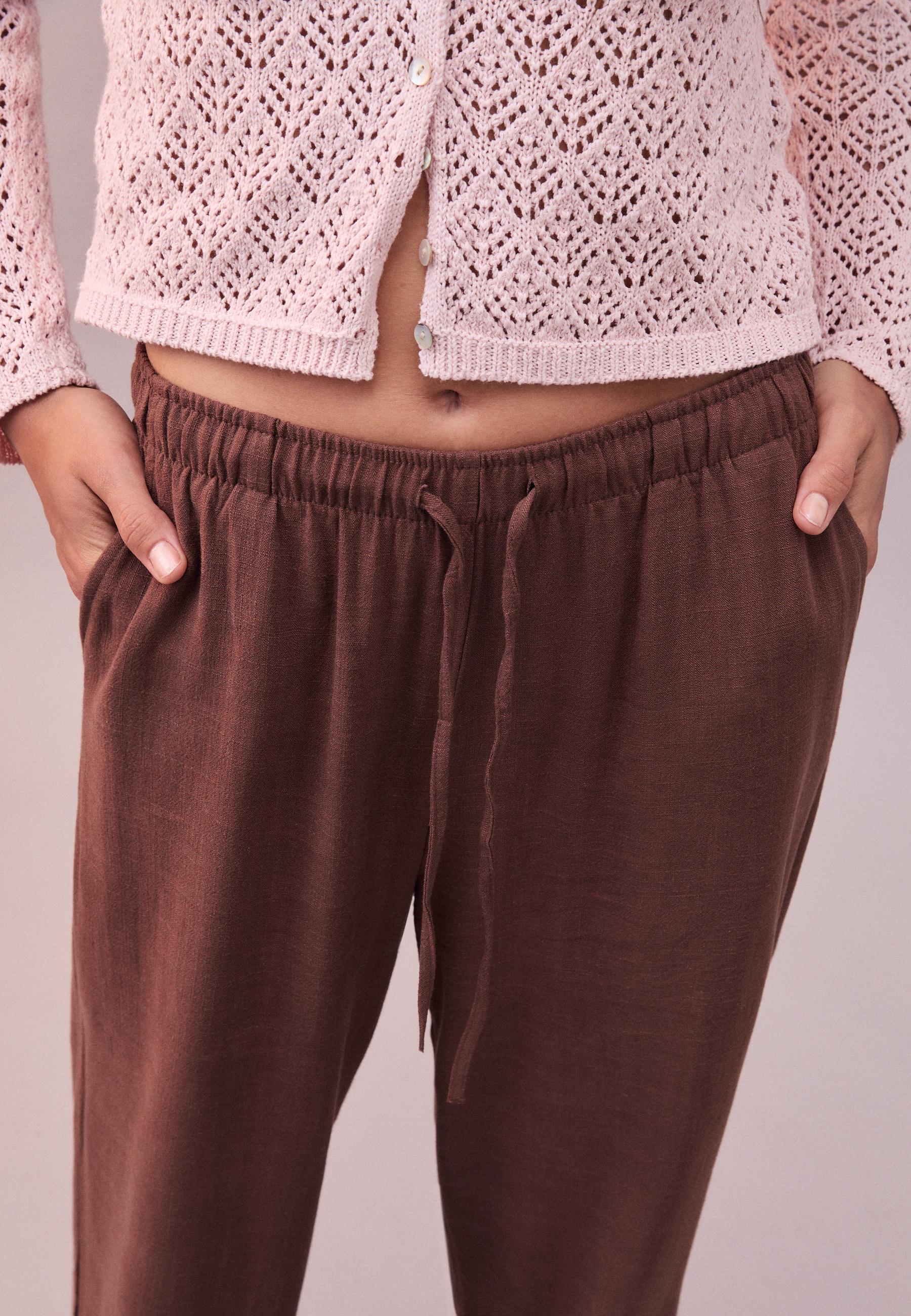 Straight-leg linen-look trousers — Brown