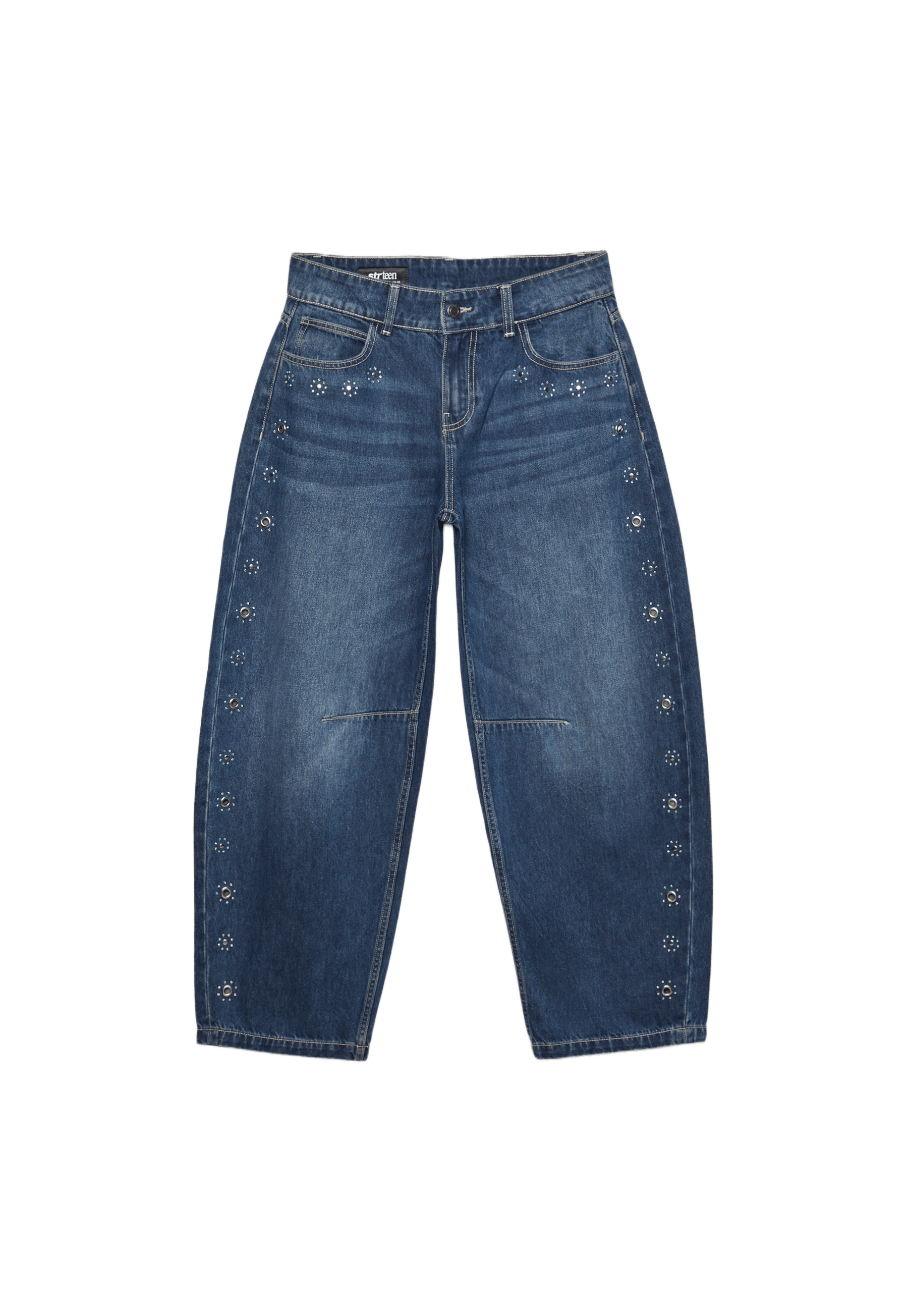 Barrel wide-leg jeans with eyelets — BLACK DENIM WASHED EFFECT