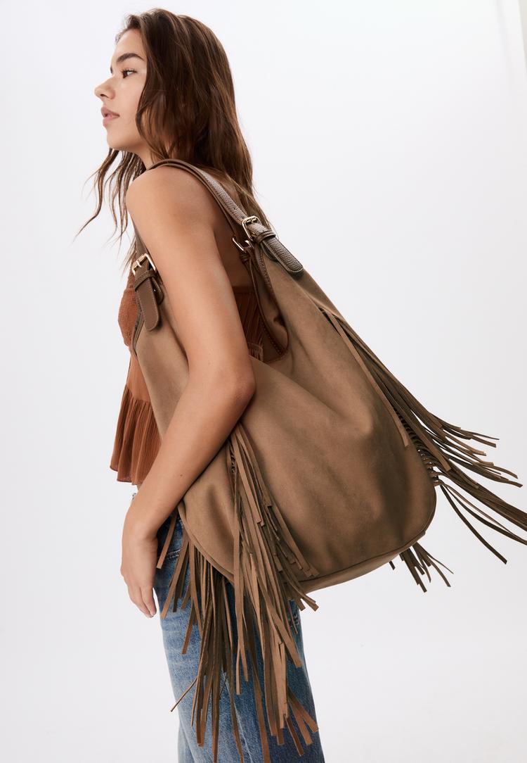 faux suede bag with maxi fringe