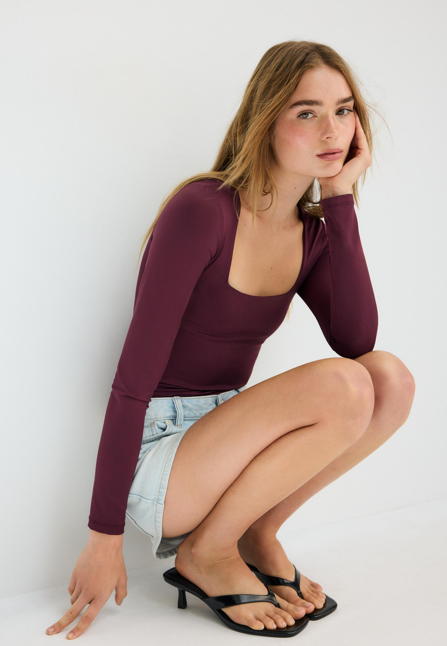 Long sleeve square neck bodysuit — AUBERGINE