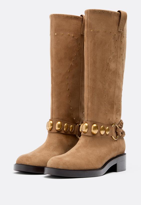 Stradivarius Flat Leather Effect Biker Boots Beige 3