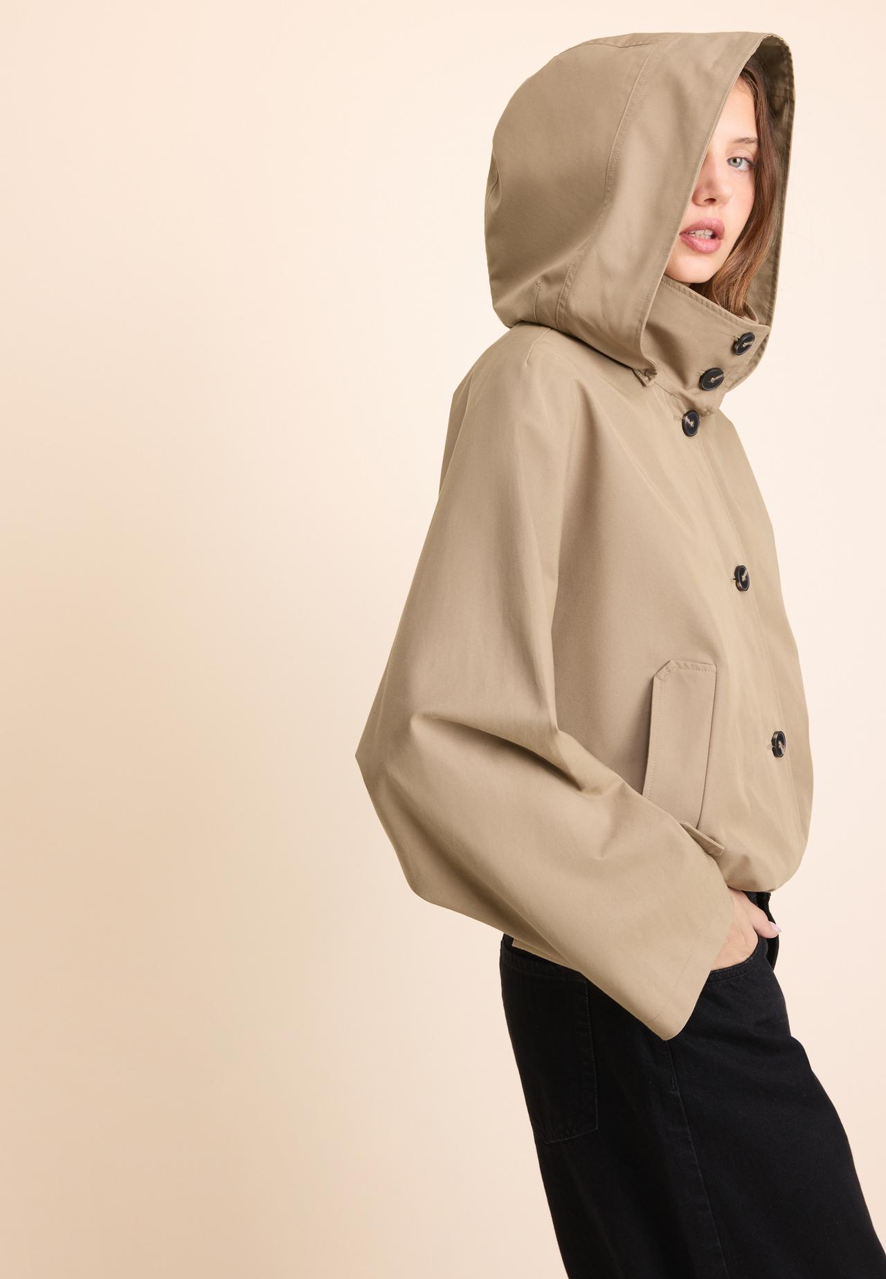 Short oversize trench coat with hood — Beige
