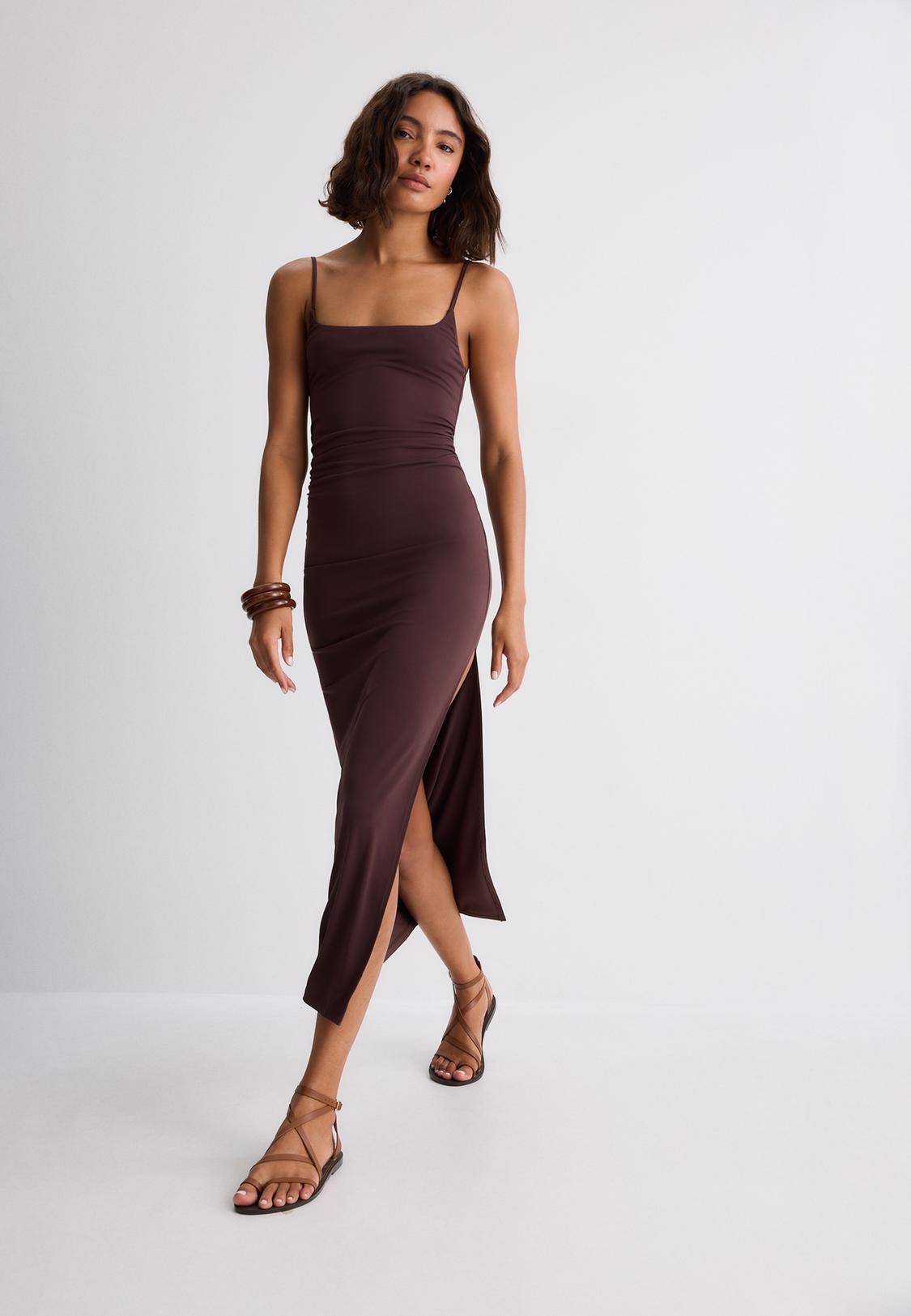 brown spaghetti strap dress Simple Straps A Line Prom Party Dress SH1379 featuring Millas signature touch Stradivarius Gathered Midi Strap Dress