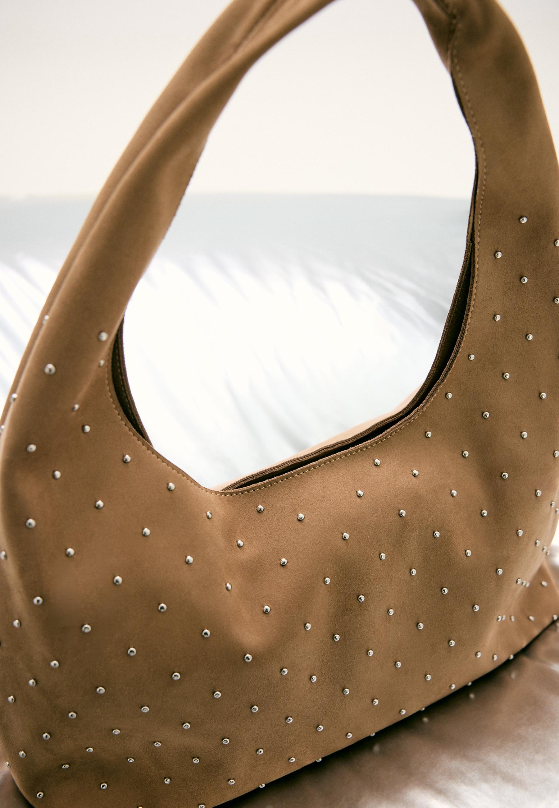 Soft touch shoulder bag with rhinestones — Beige
