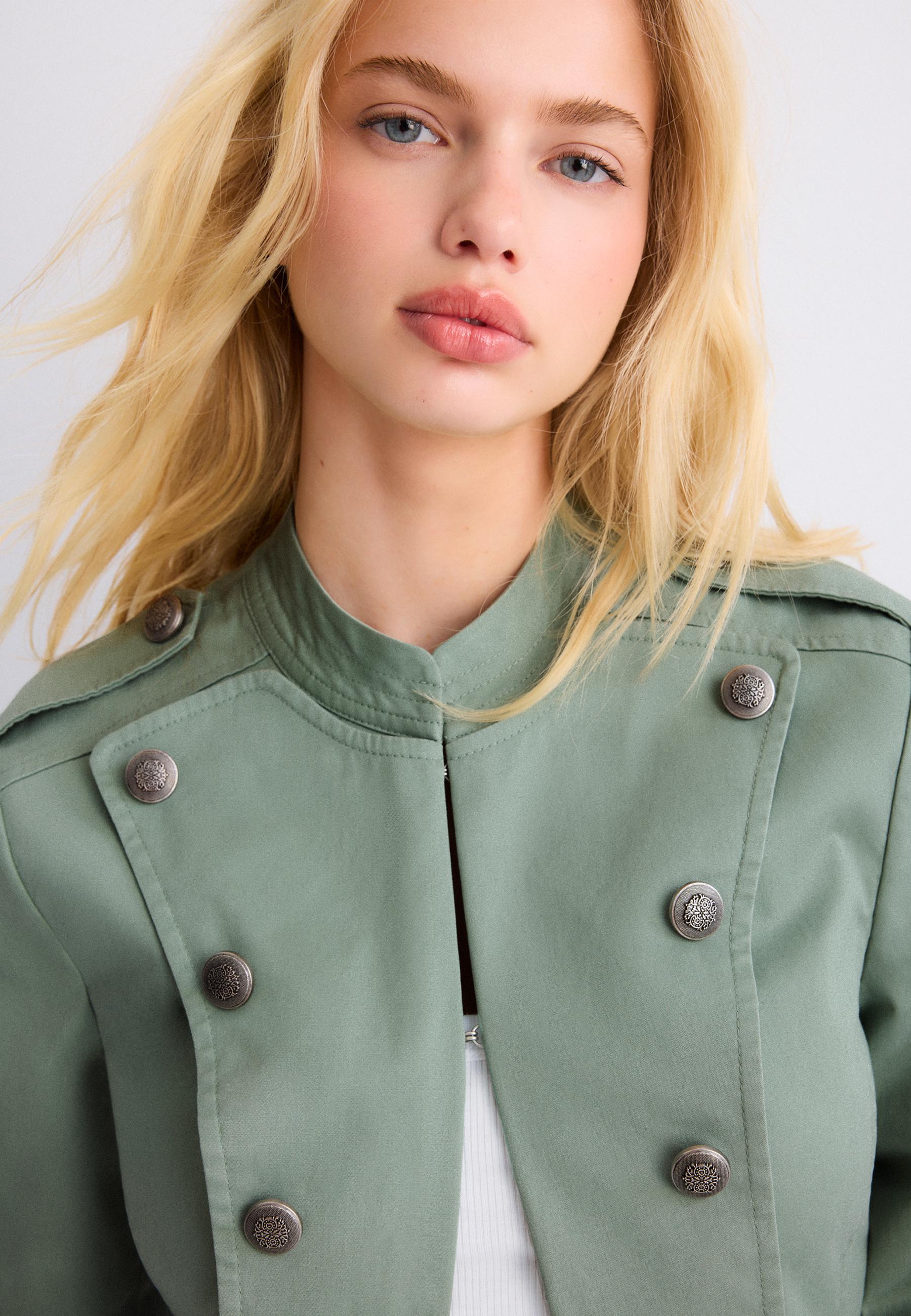 Stand collar buttoned blazer — Khaki