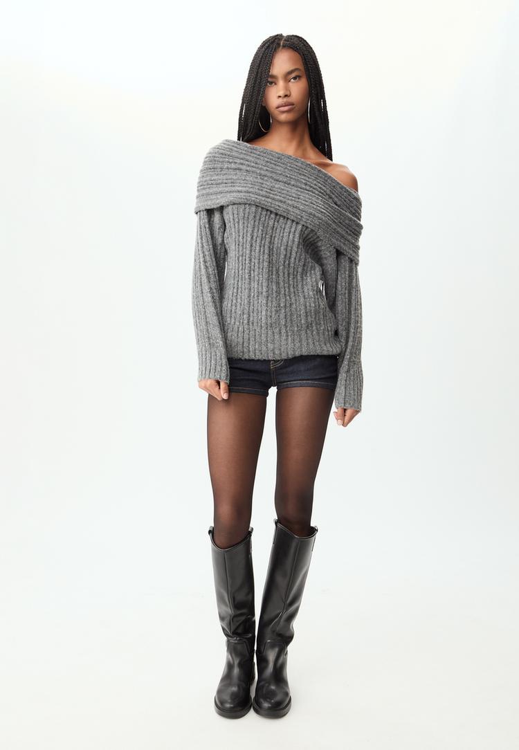 asymmetric knit off the shoulder sweater