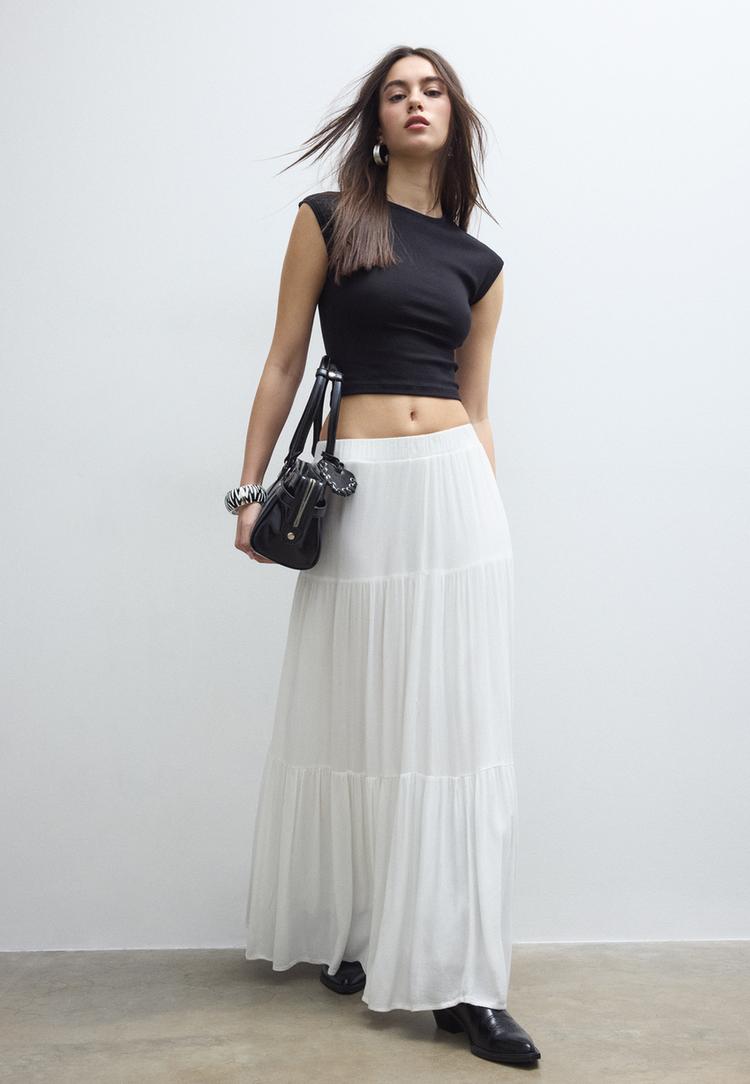 Stradivarius Μίντι Φούστα Boho Λευκό L