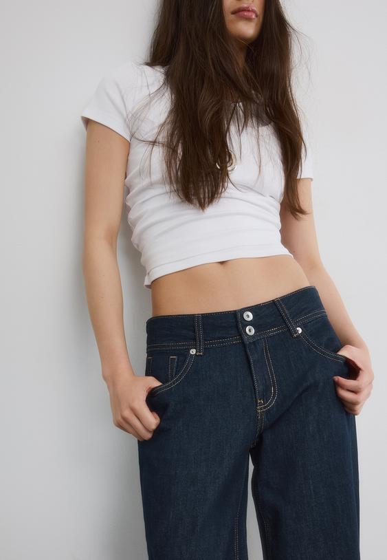 Stradivarius Low-Waist Double-Button Jeans Rinse Blue Denim 6