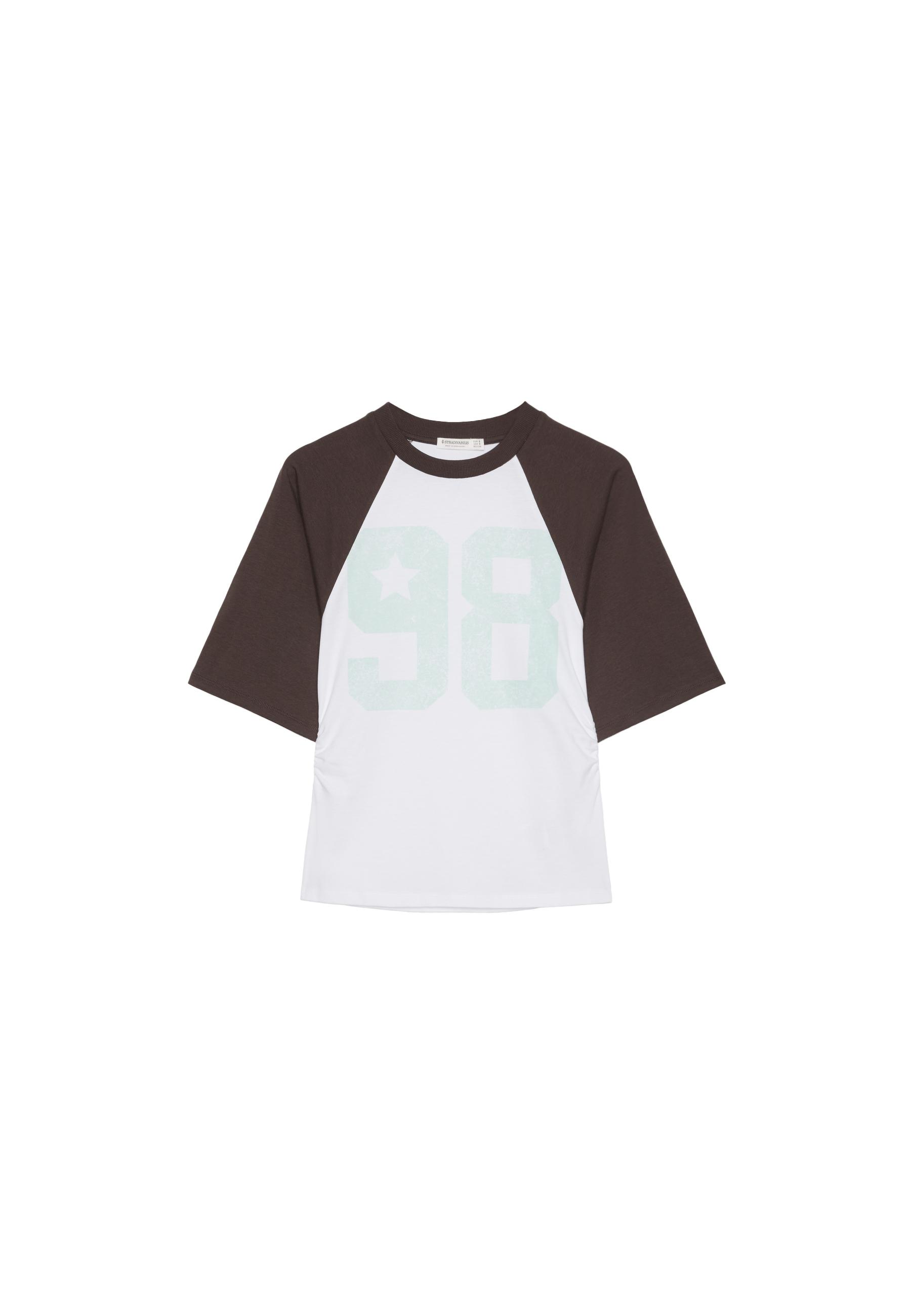Raglan sleeve T-shirt with gathers — Brown