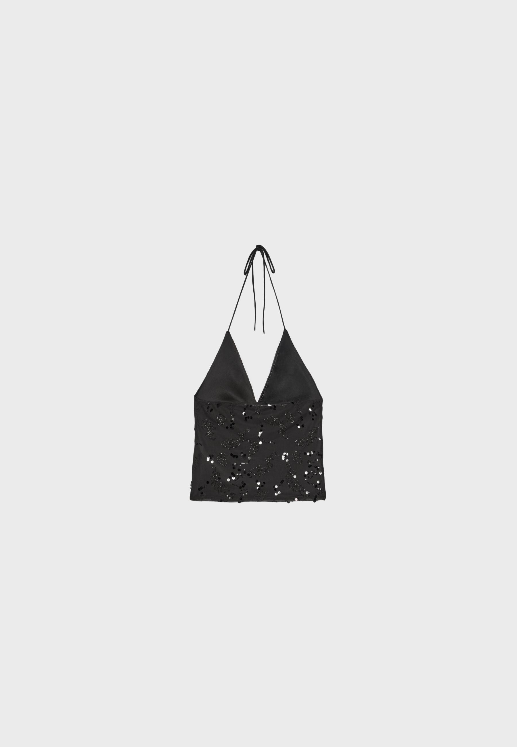 Embroidered sequin halter top — Black