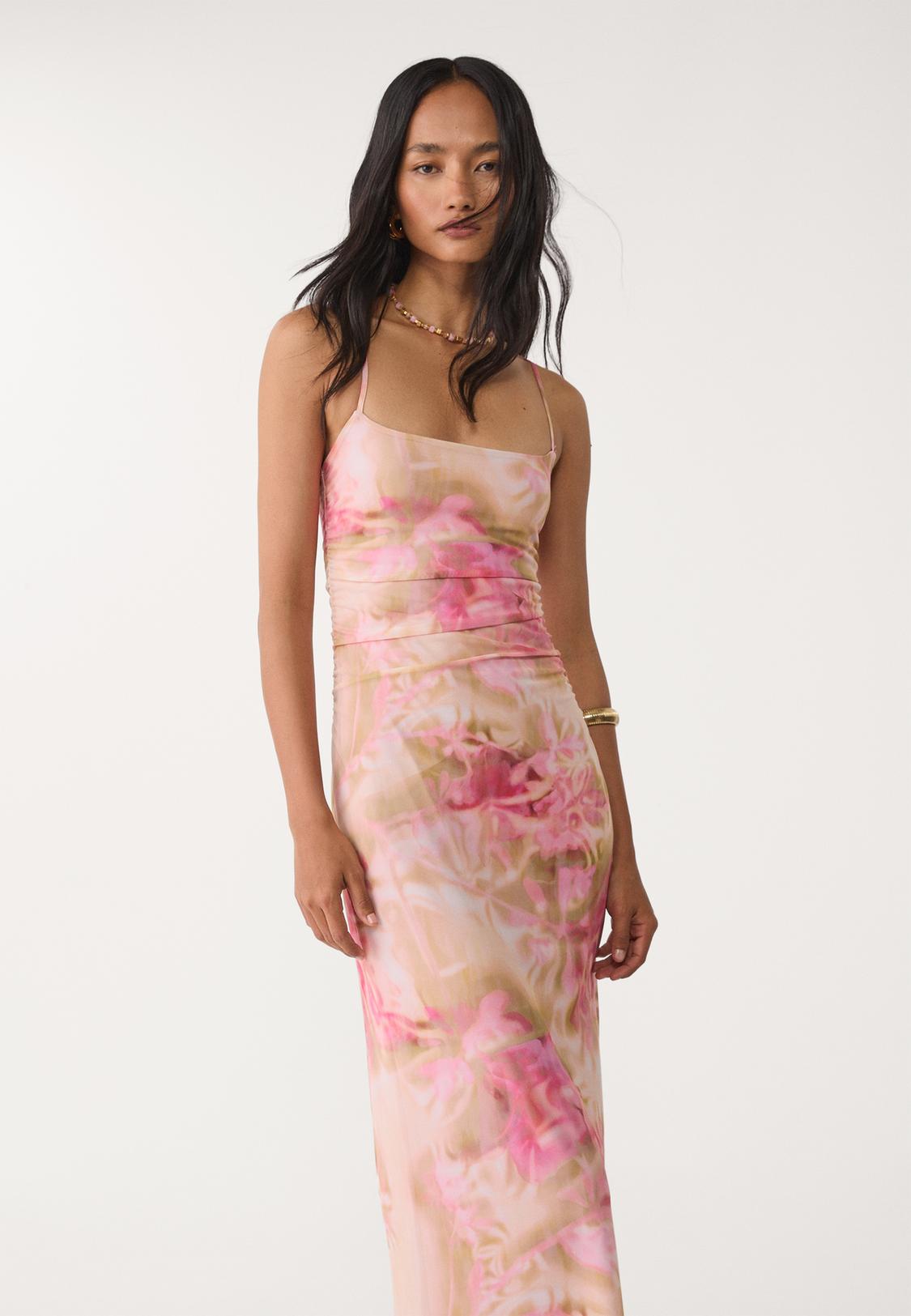 Printed tulle midi dress - Women's fashion | Stradivarius Peru