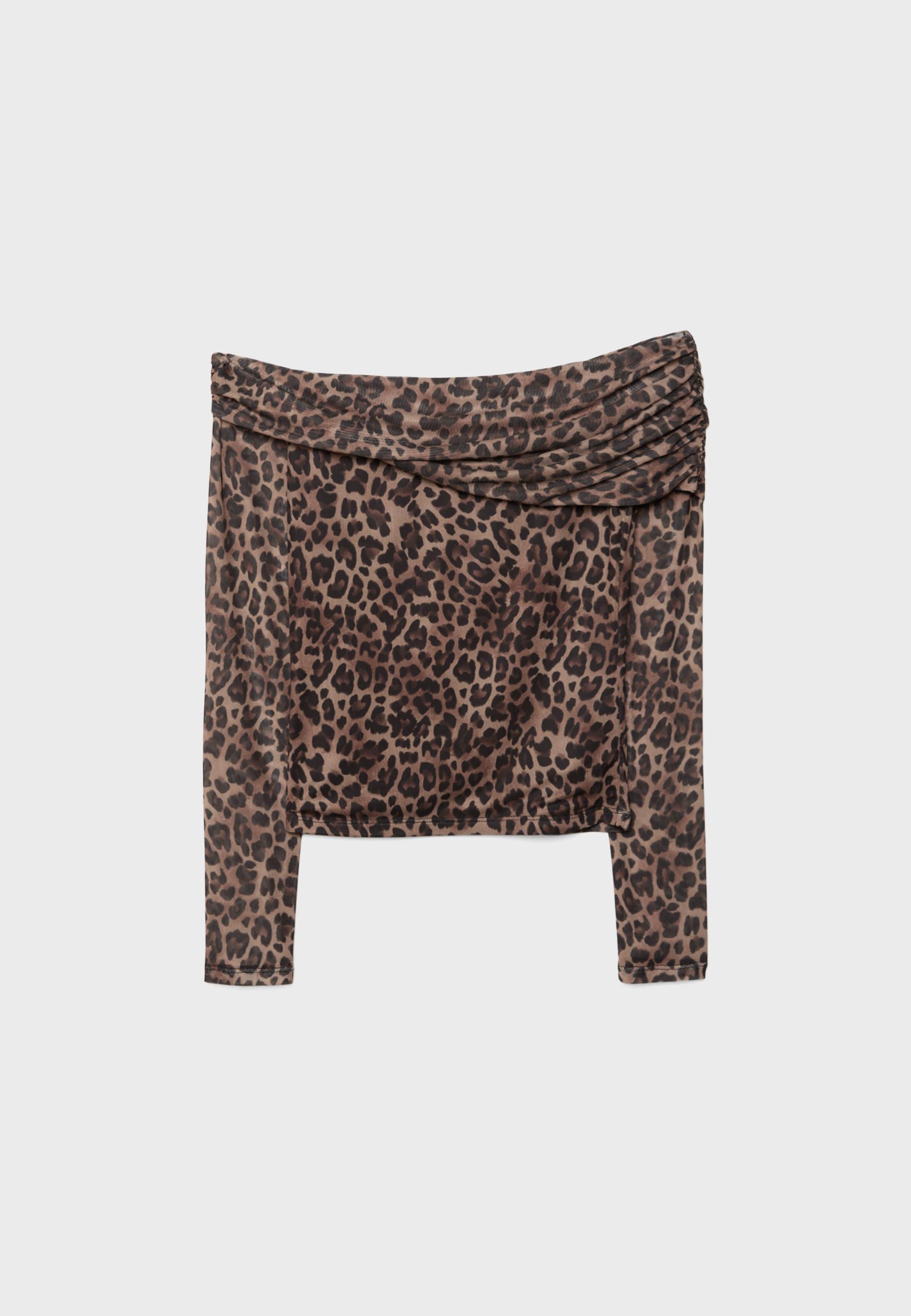Printed asymmetric tulle T-shirt — Mid beige